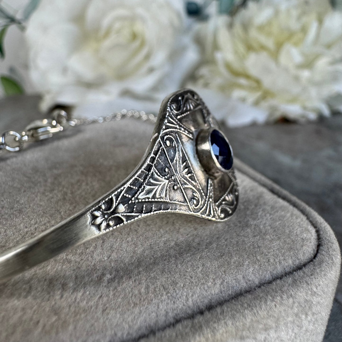 Art Deco Blue Sapphire half cuff artisan bracelet in Sterling Silver