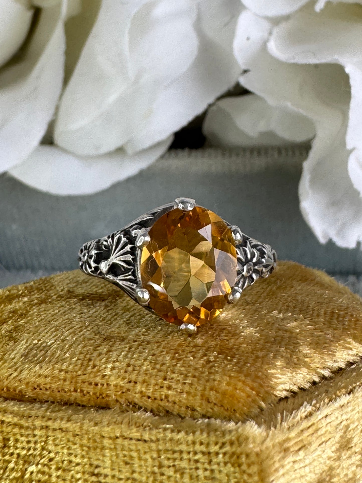 Victorian wildflower artisan 3ct Citrine cocktail ring SIZE 6
