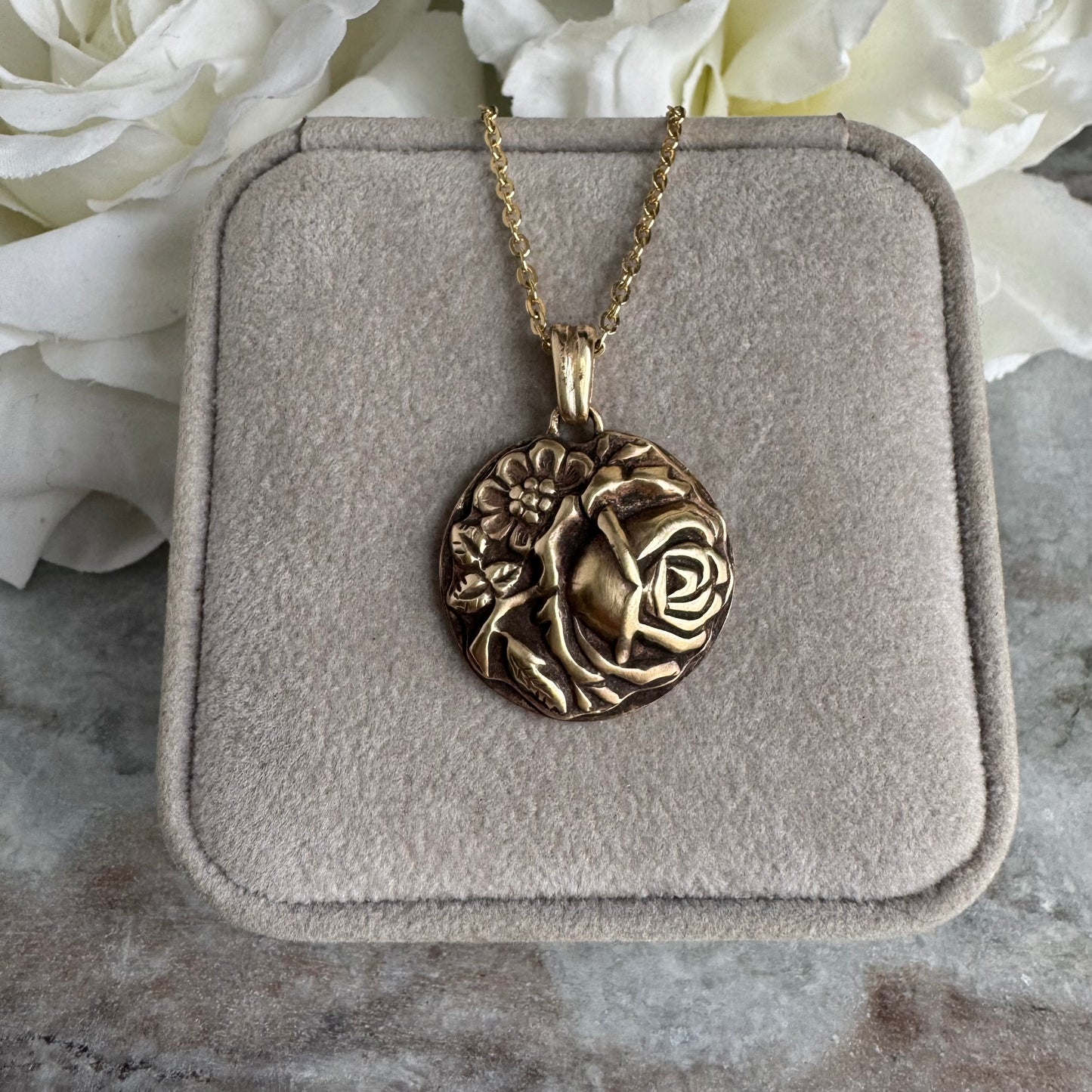 Vintage rose garden botanical bloom artisan gold brass necklace