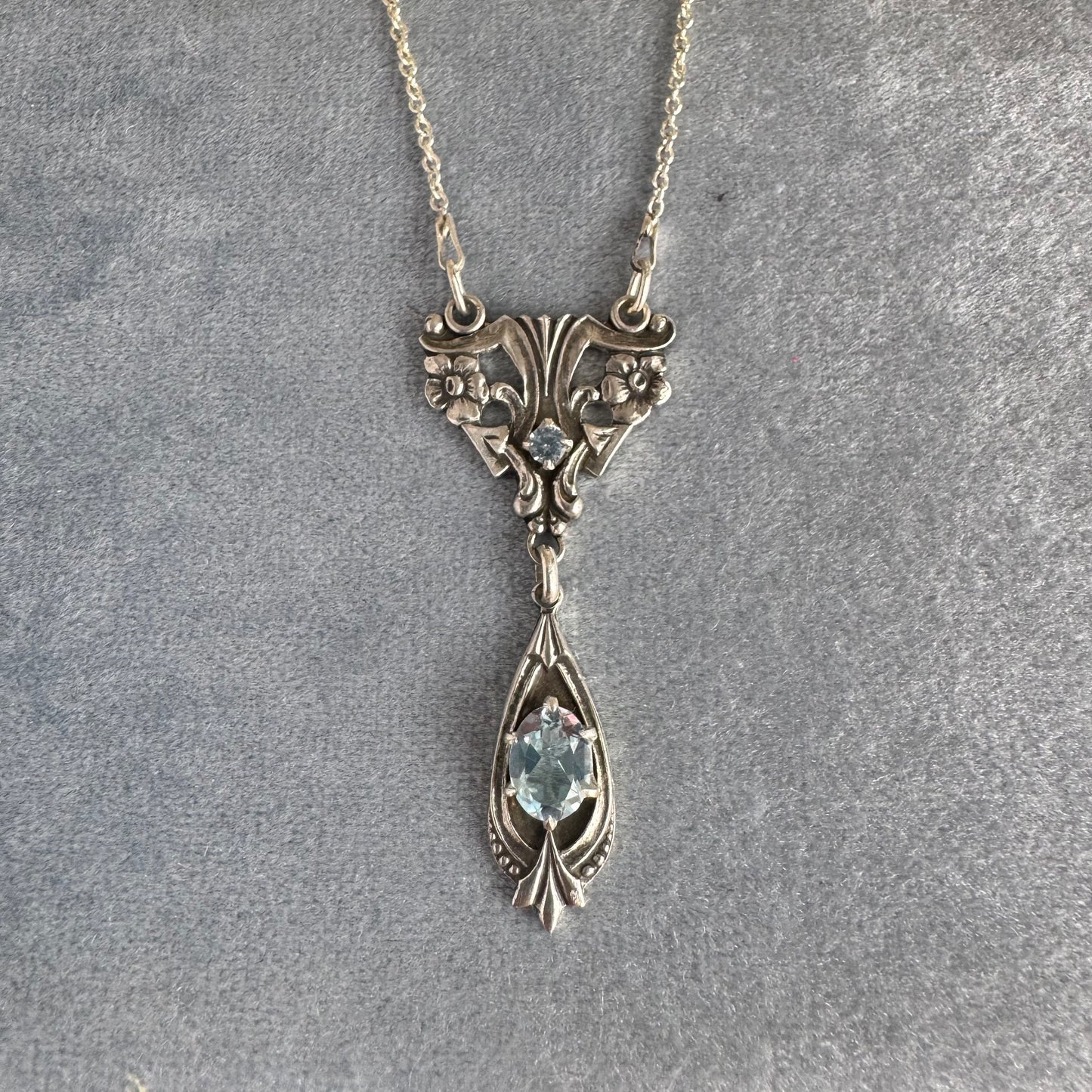 Artisan Art Deco Blue Topaz and Aquamarine Spinel Sterling Silver necklace