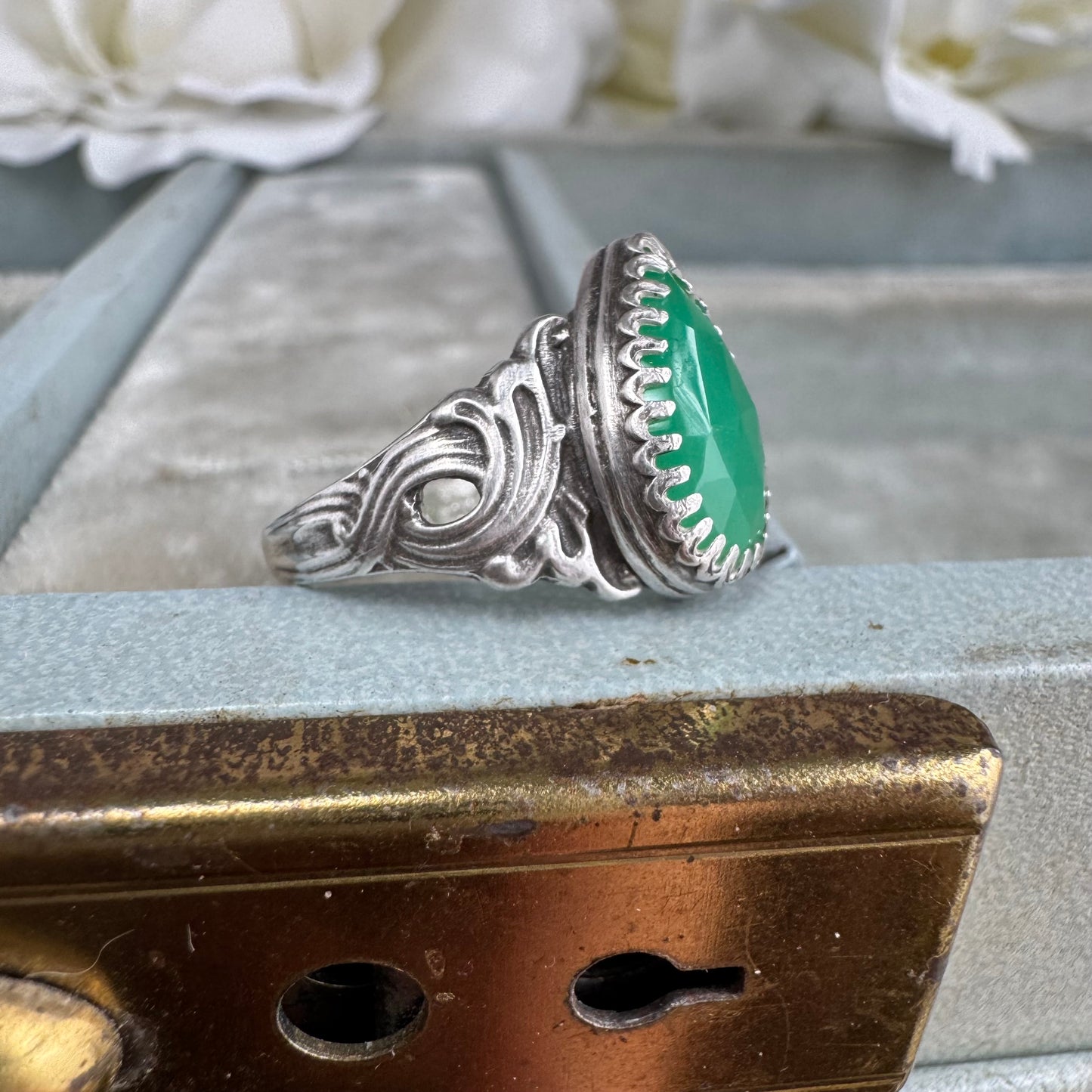 Art Nouveau ocean waves Chrysoprase handmade pear shaped cocktail ring in Sterling silver