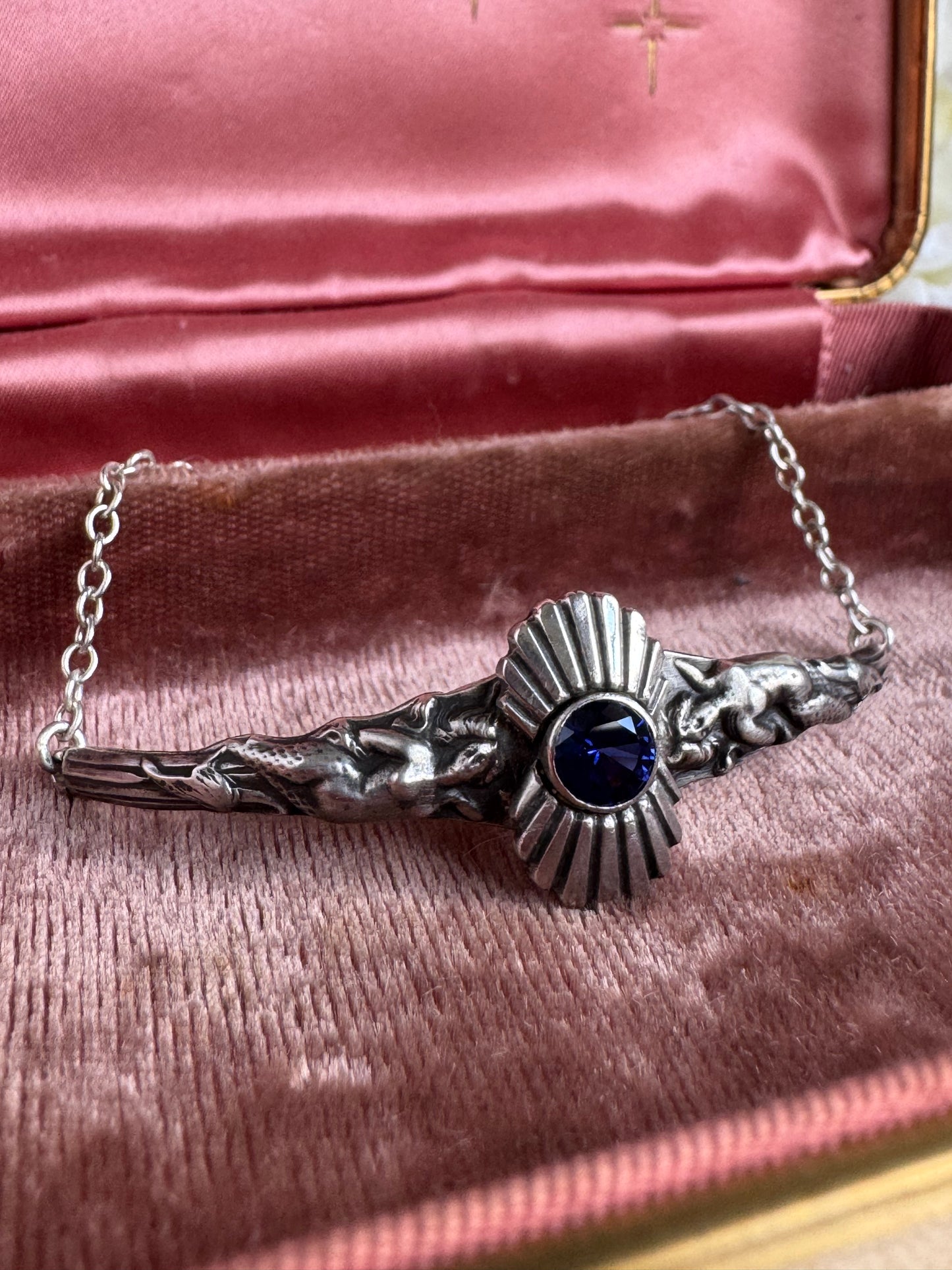 Art Nouveau Mermaids and Sapphire cuff and chain bracelet in Sterling Silver