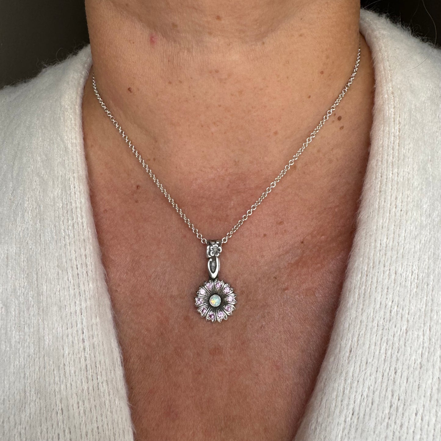 Botanical Opal and Sapphire artisan Victorian necklace in Sterling Silver
