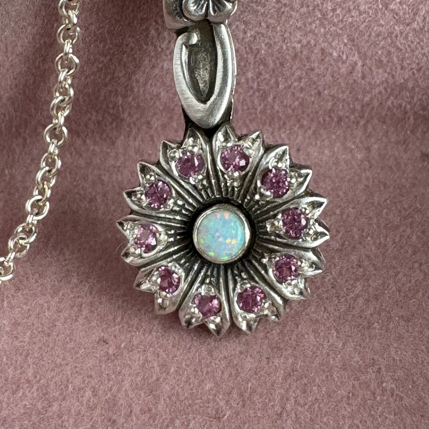 Botanical Opal and Sapphire artisan Victorian necklace in Sterling Silver