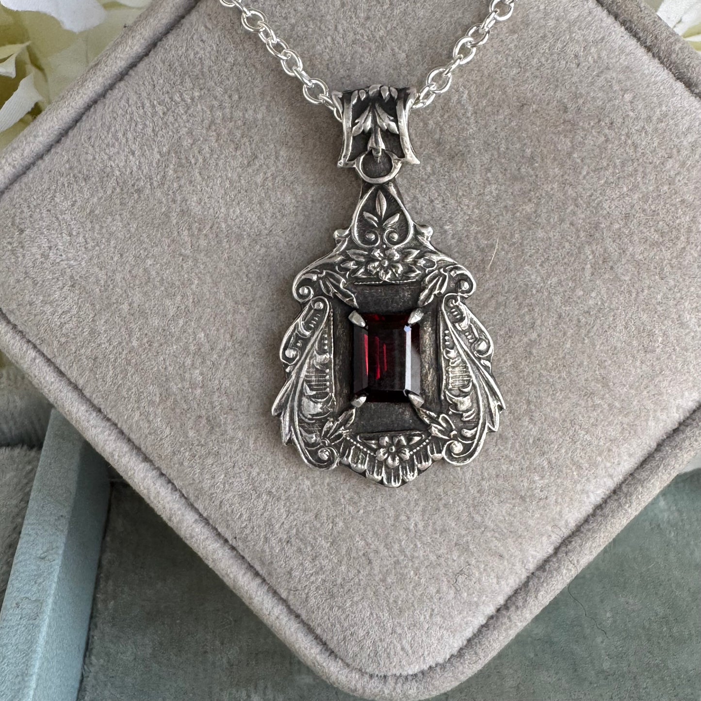 Gothic Victorian 2ct Garnet handmade necklace in Sterling Silver