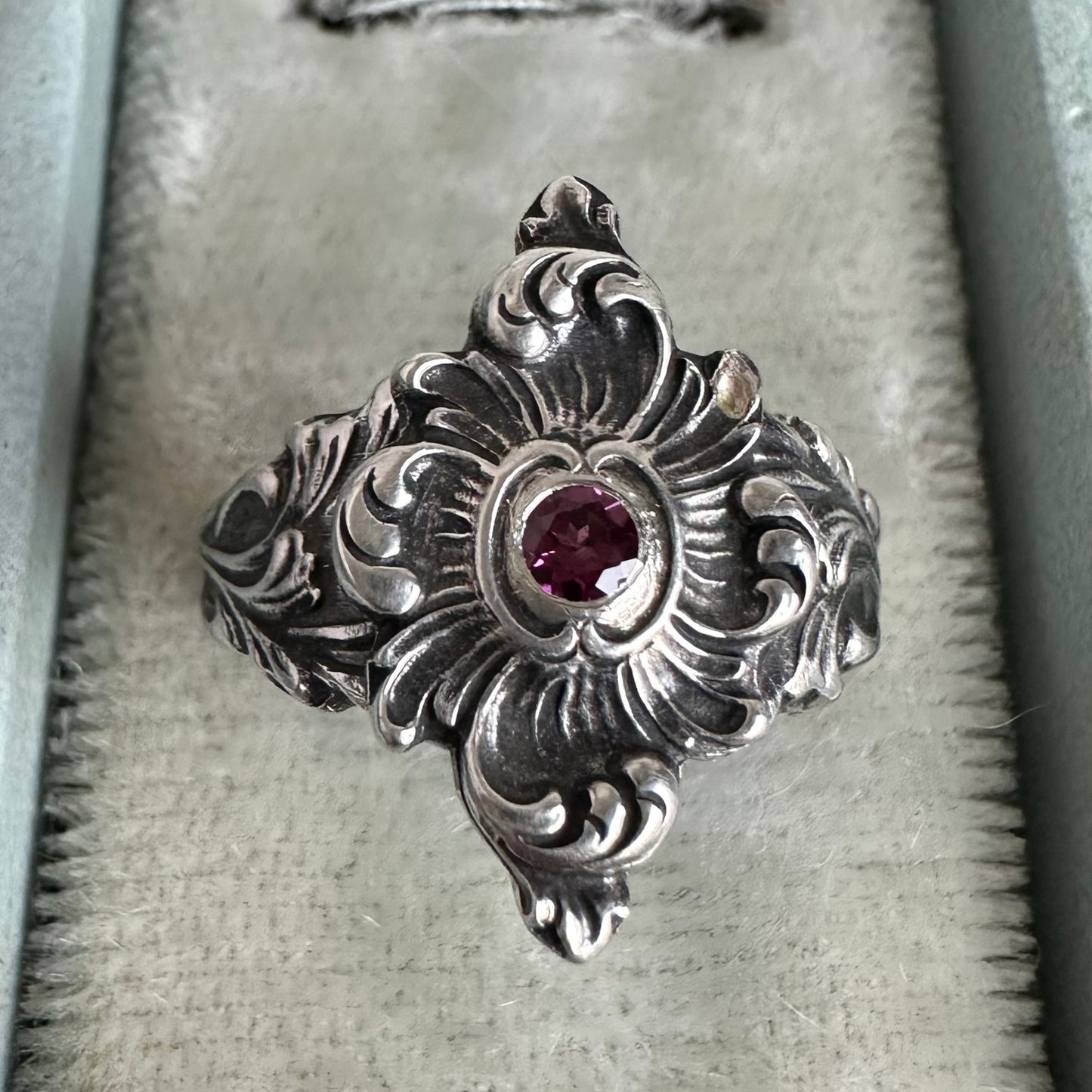 Gothic Fairytale Garnet cocktail ring handmade in Sterling Silver