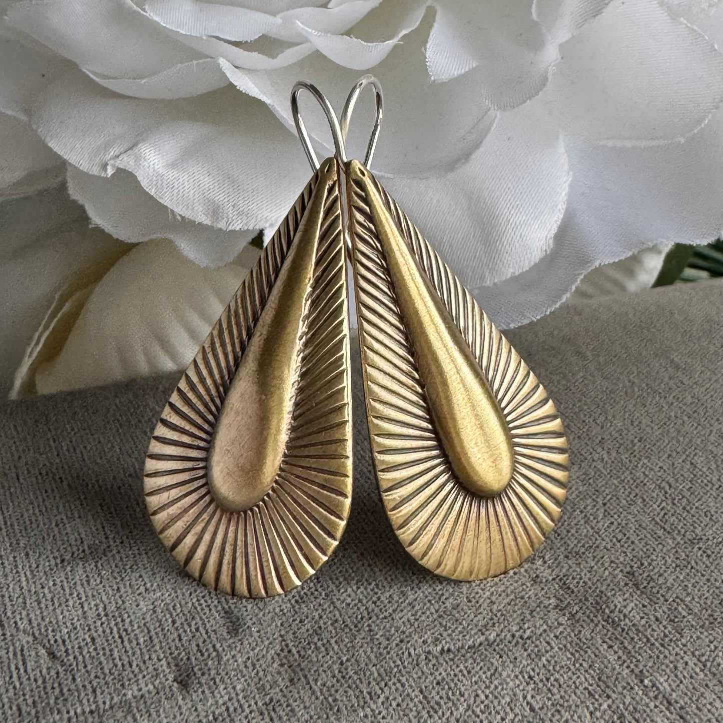 Art Deco radiant teardrop handmade mixed metal earrings in solid Brass and Sterling Silver