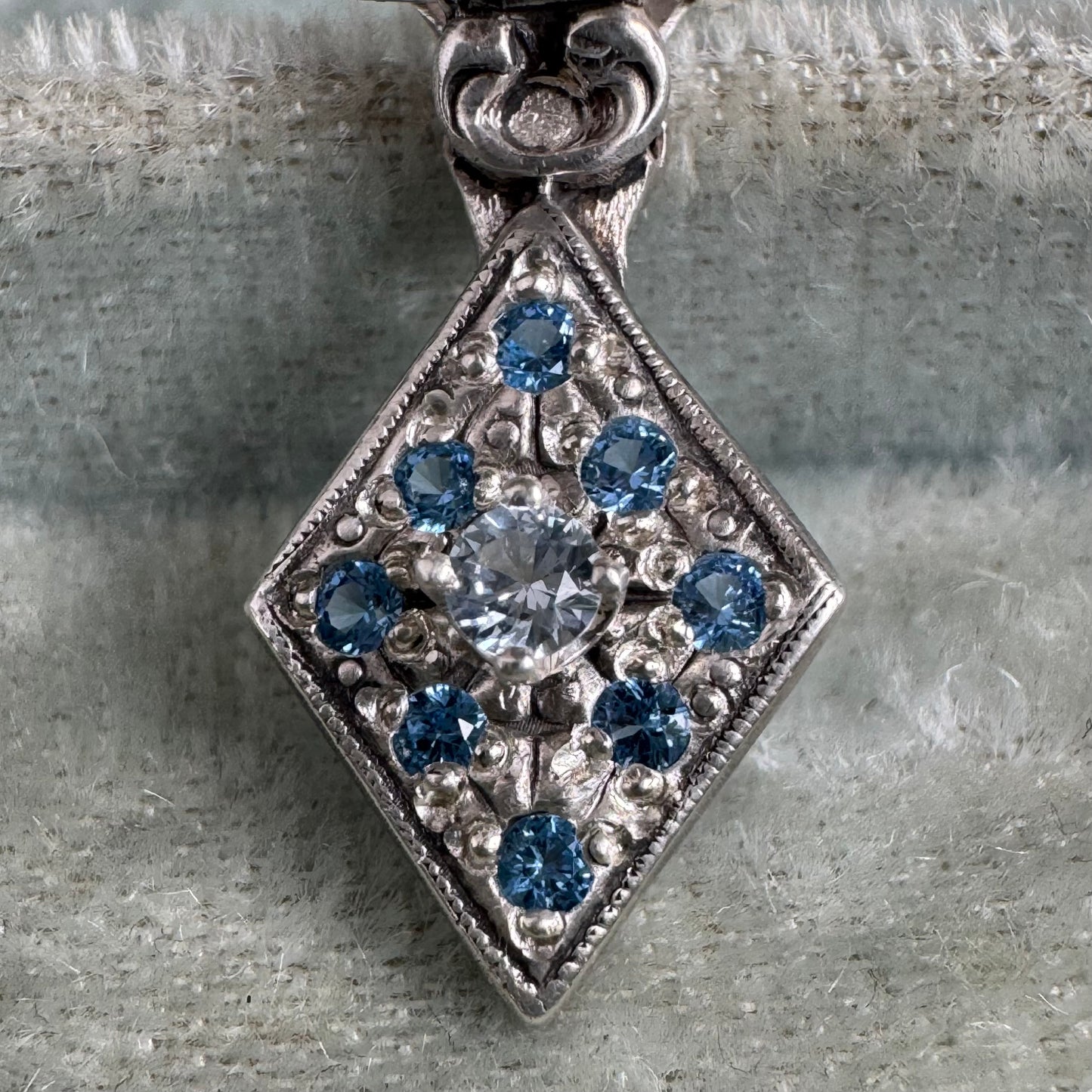 Art Deco Aquamarine and Zircon artisan necklace in Sterling Silver