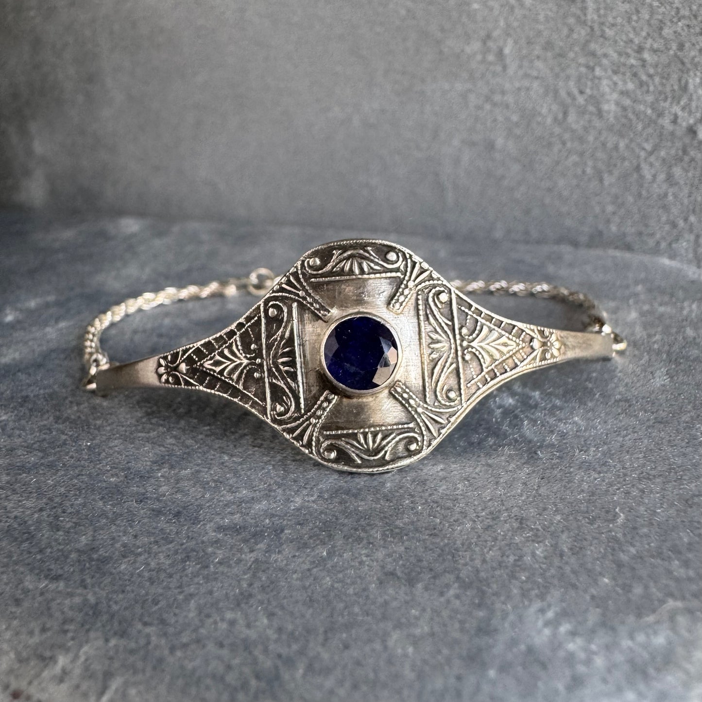 Art Deco Blue Sapphire half cuff artisan bracelet in Sterling Silver