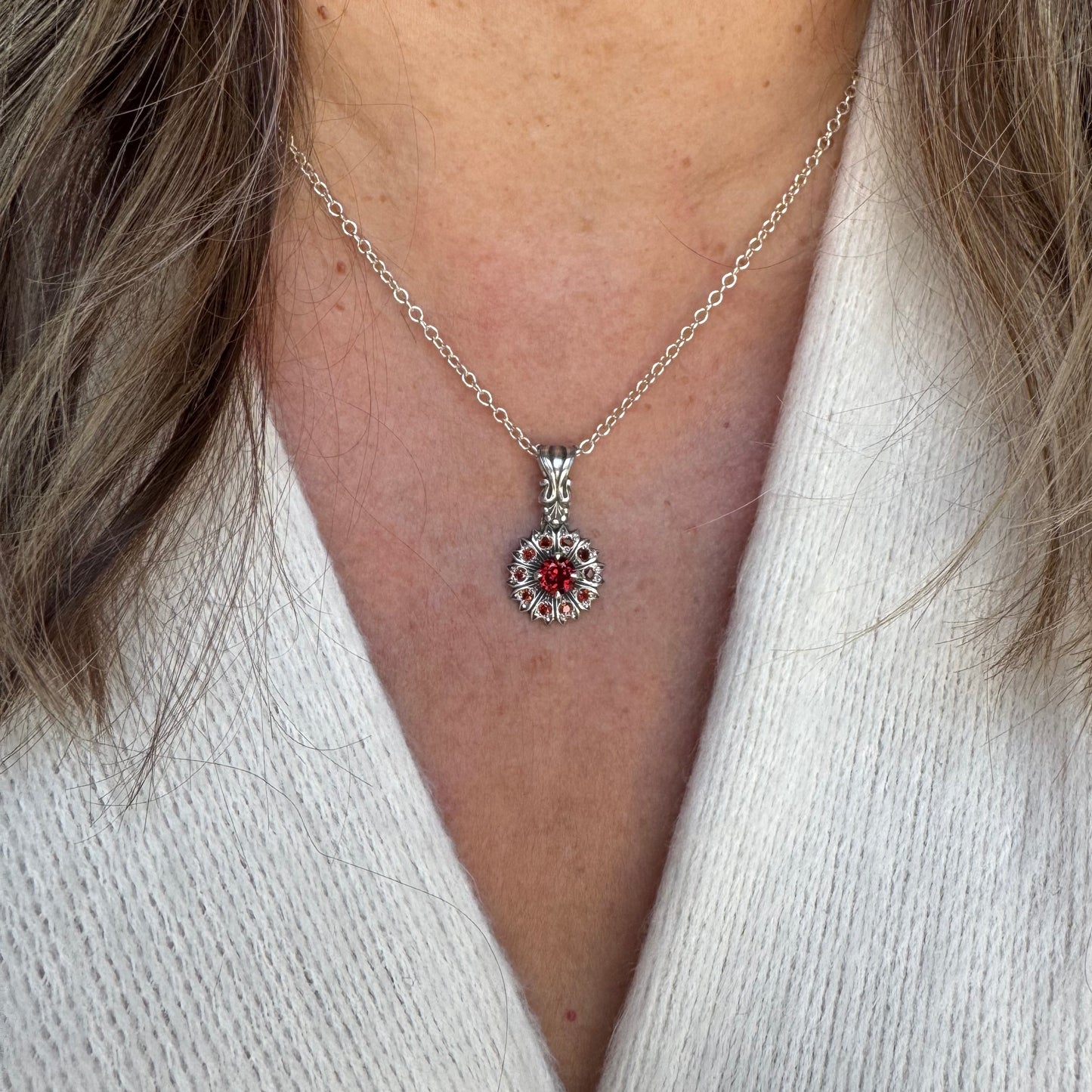 Mozambique Garnet handmade Victorian necklace in Sterling Silver