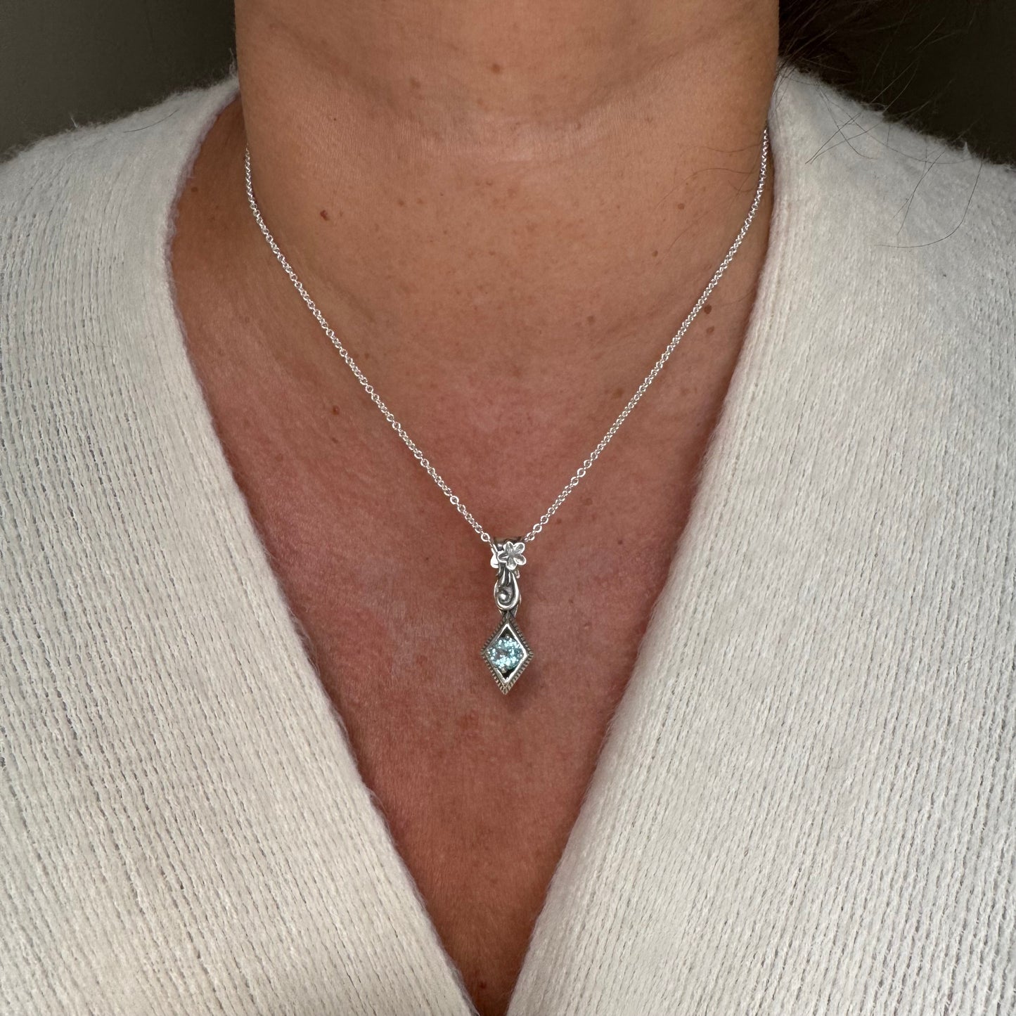 Art Nouveau botanical Blue Topaz artisan diamond shape necklace in Sterling Silver