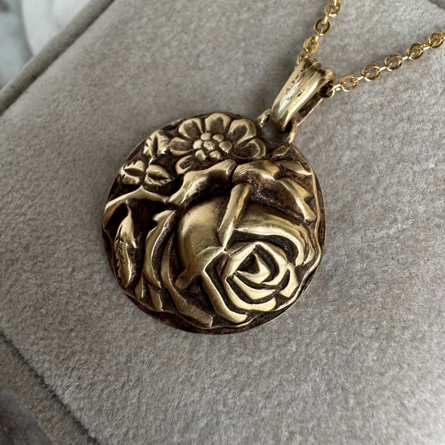 Vintage rose garden botanical bloom artisan gold brass necklace