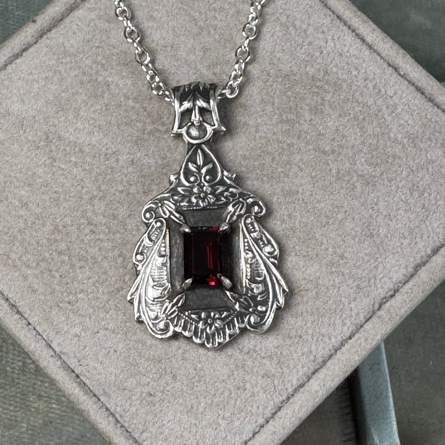 Gothic Victorian 2ct Garnet handmade necklace in Sterling Silver