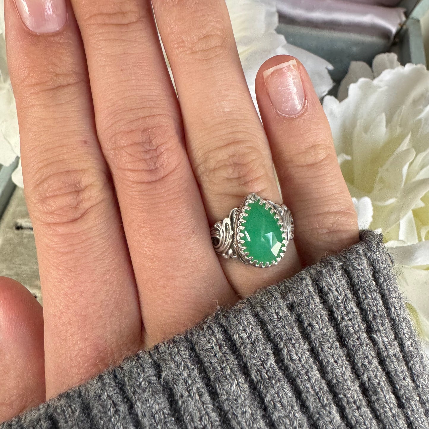 Art Nouveau ocean waves Chrysoprase handmade pear shaped cocktail ring in Sterling silver