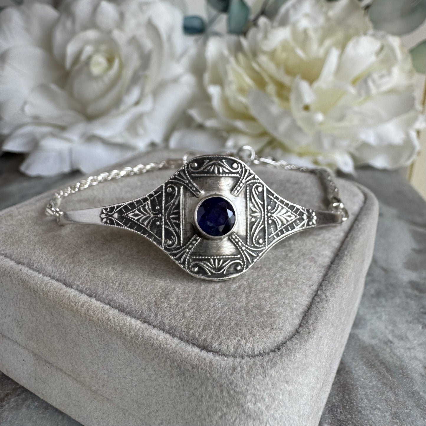 Art Deco Blue Sapphire half cuff artisan bracelet in Sterling Silver