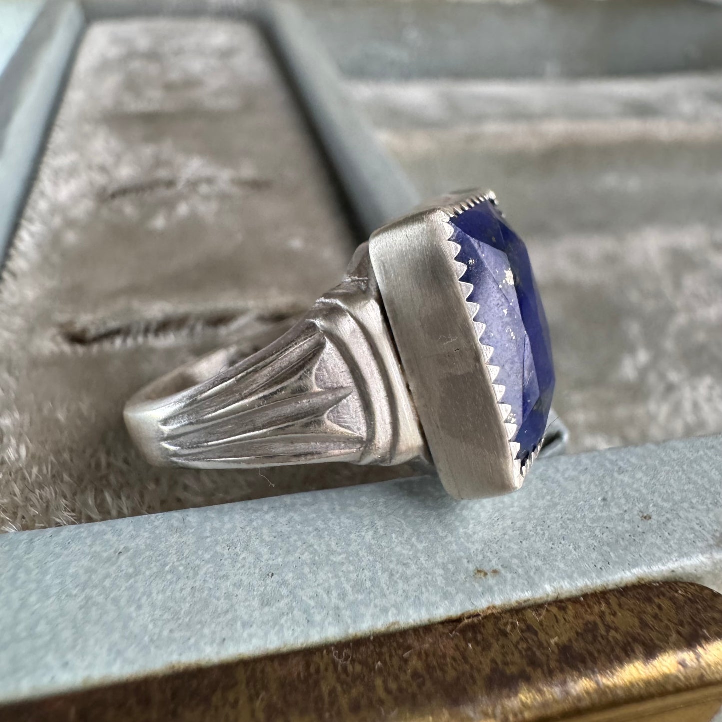 Art Deco Blue Lapis gemstone handmade cocktail ring in Sterling Silver SIZE 7