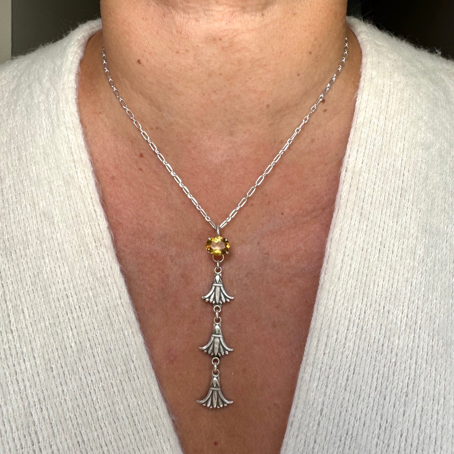 Art Deco Egyptian revival artisan 2.5ct Citrine Papyrus flower necklace in Sterling Silver