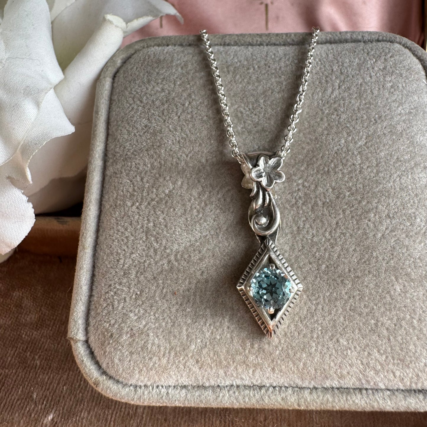 Art Nouveau botanical Blue Topaz artisan diamond shape necklace in Sterling Silver