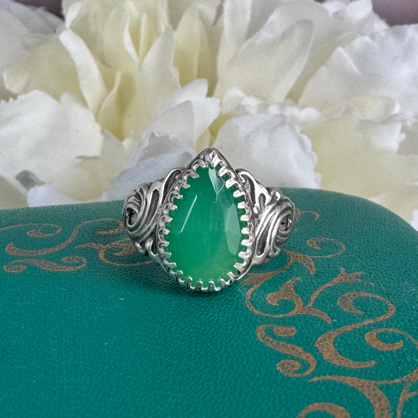 Art Nouveau ocean waves Chrysoprase handmade pear shaped cocktail ring in Sterling silver