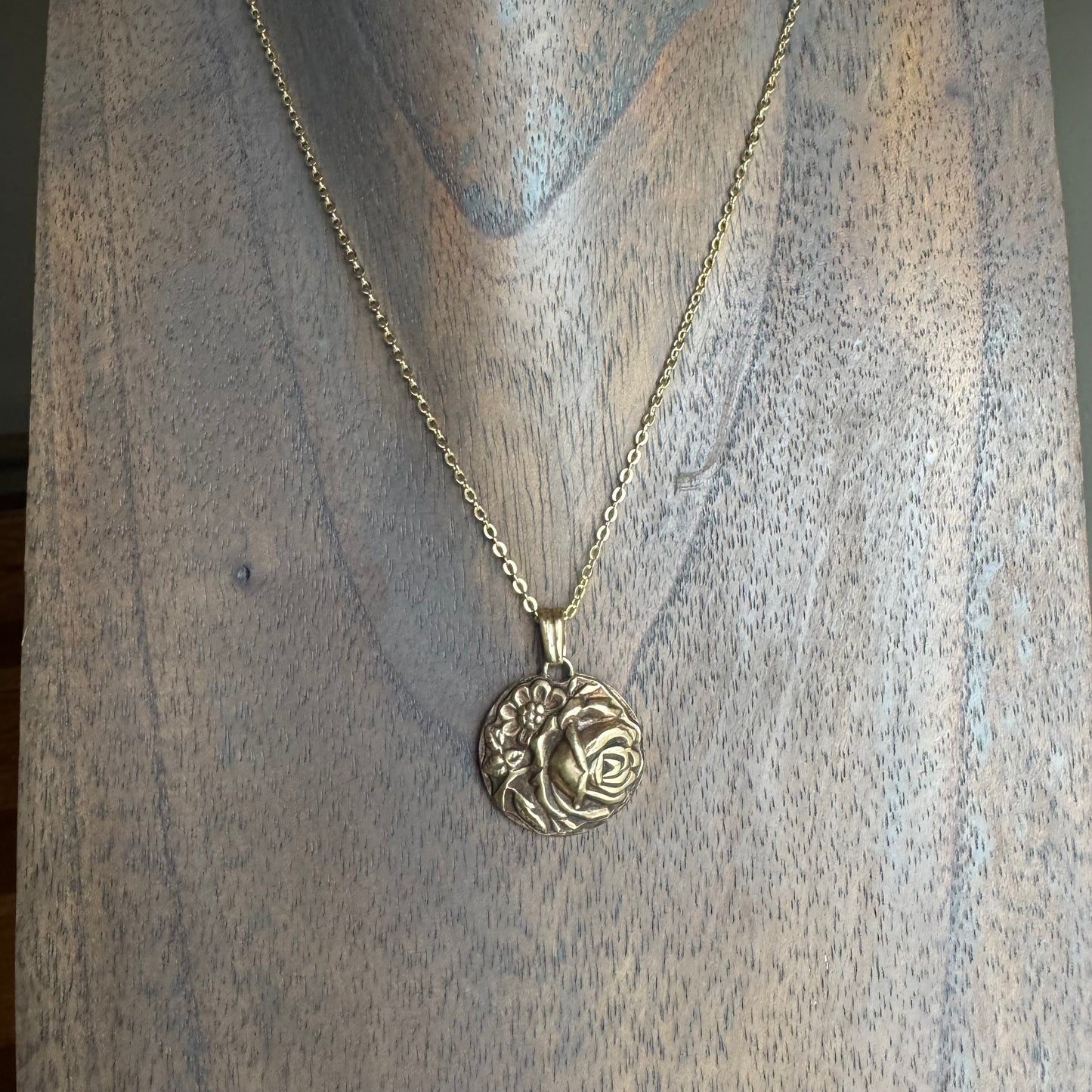 Vintage rose garden botanical bloom artisan gold brass necklace