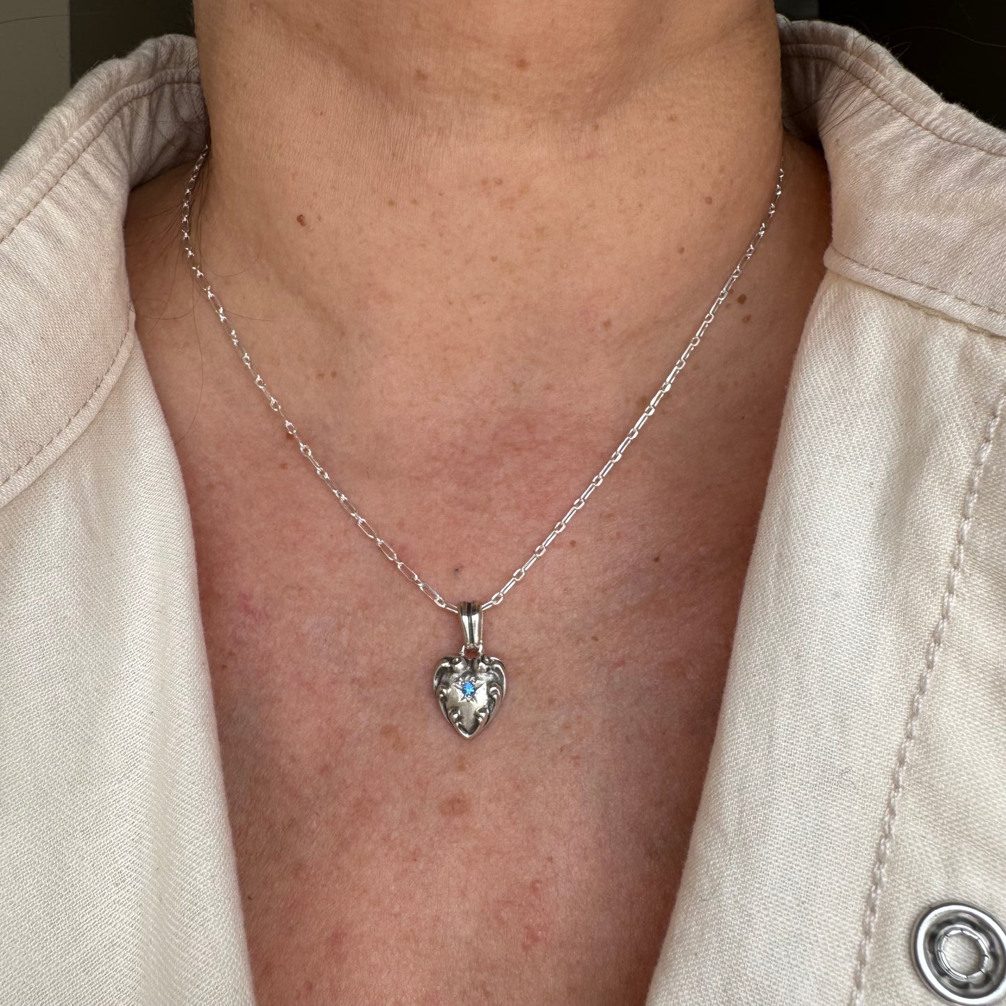 Victorian Heart Sapphire blue Spinel handmade necklace in Sterling Silver