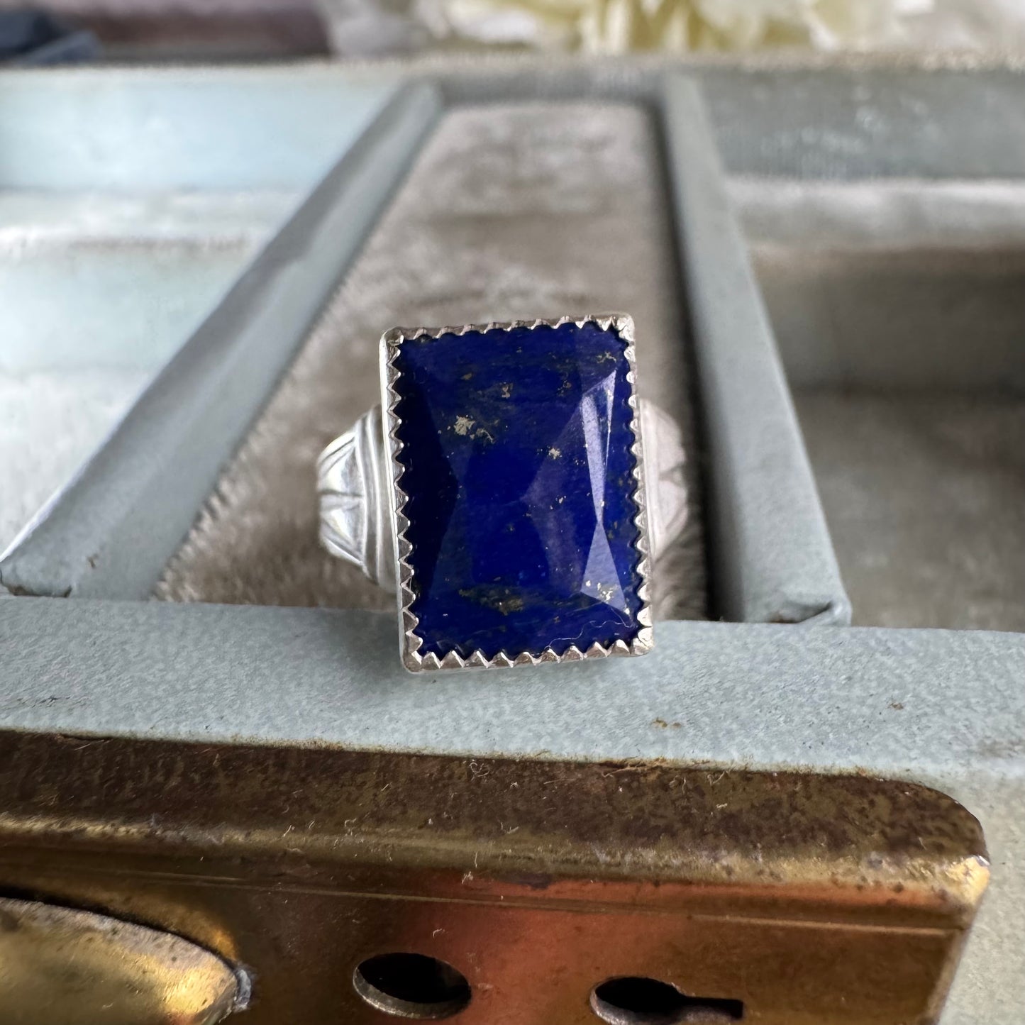 Art Deco Blue Lapis gemstone handmade cocktail ring in Sterling Silver SIZE 7