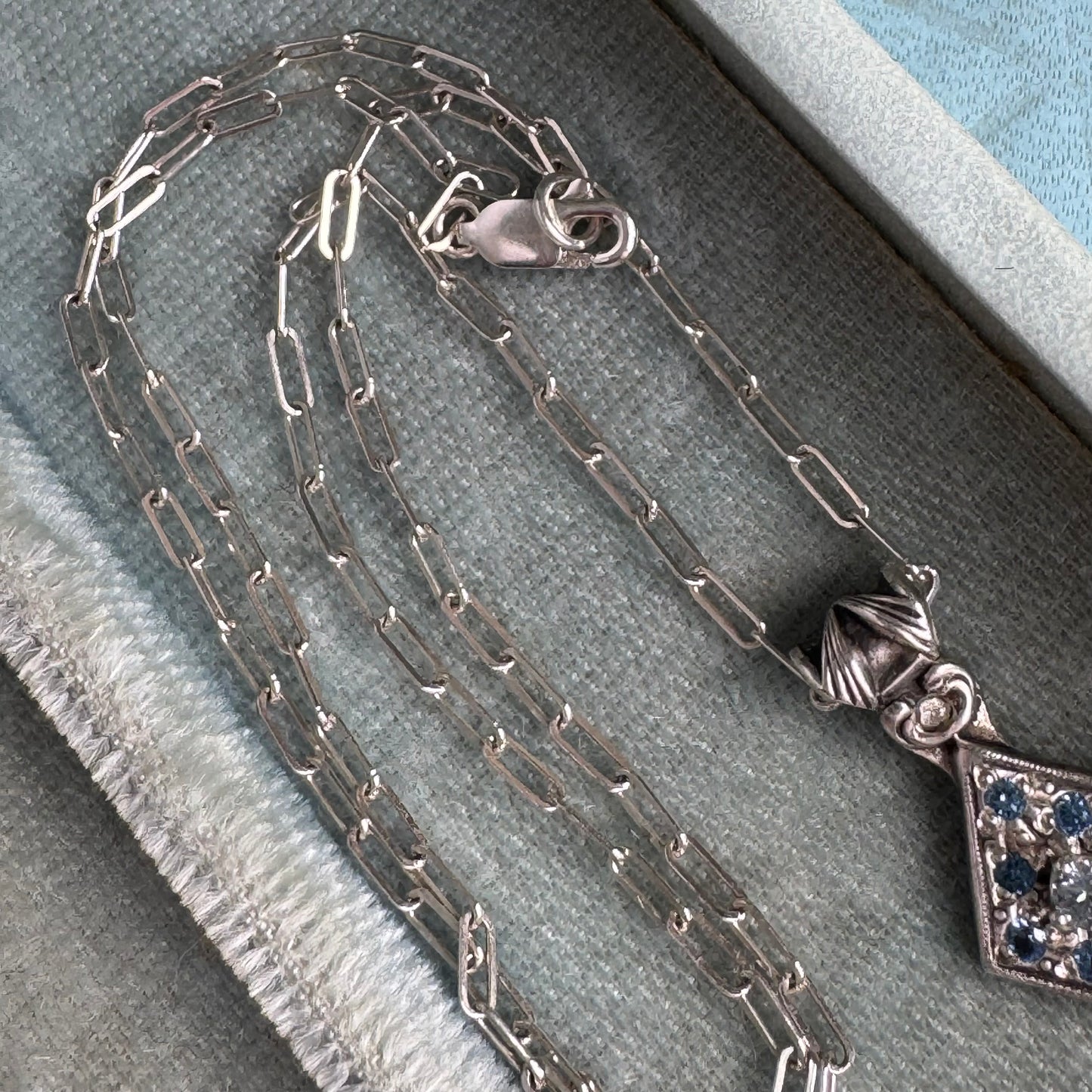 Art Deco Aquamarine and Zircon artisan necklace in Sterling Silver