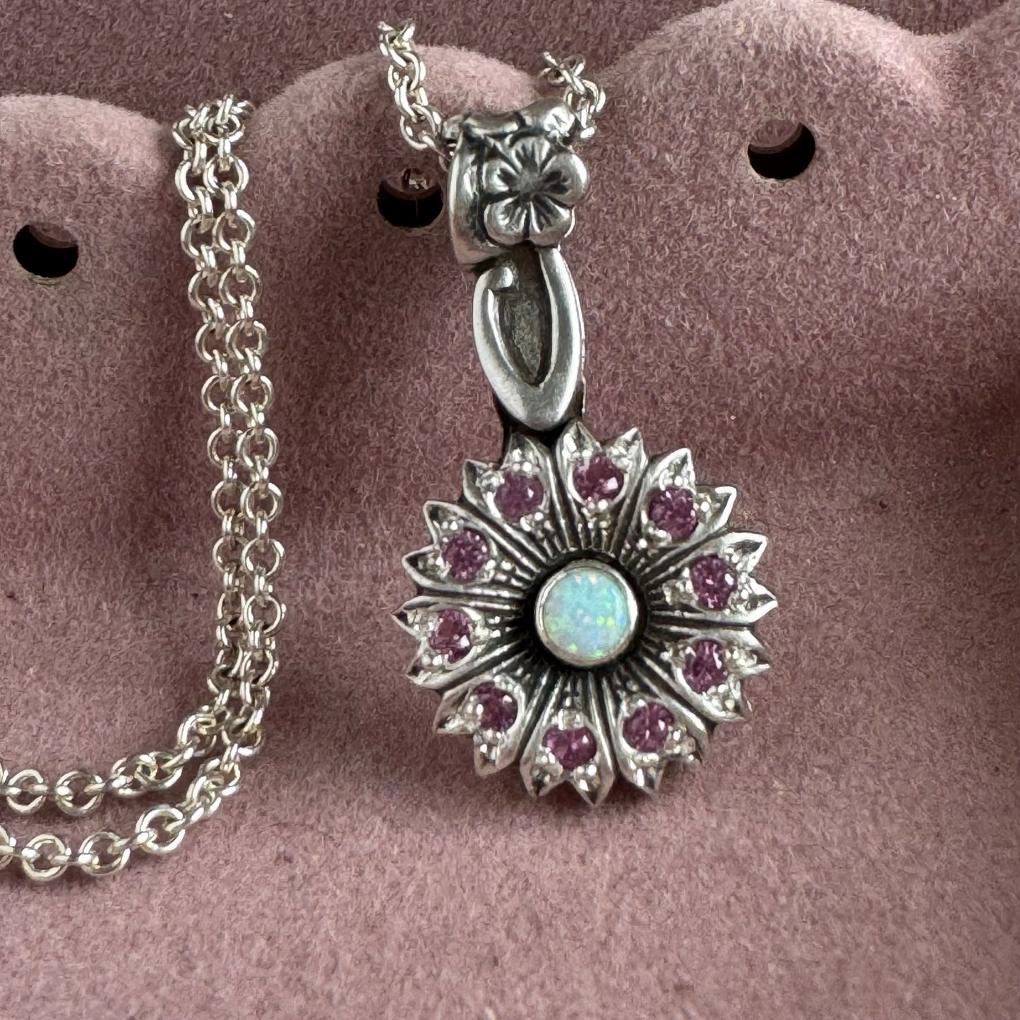 Botanical Opal and Sapphire artisan Victorian necklace in Sterling Silver