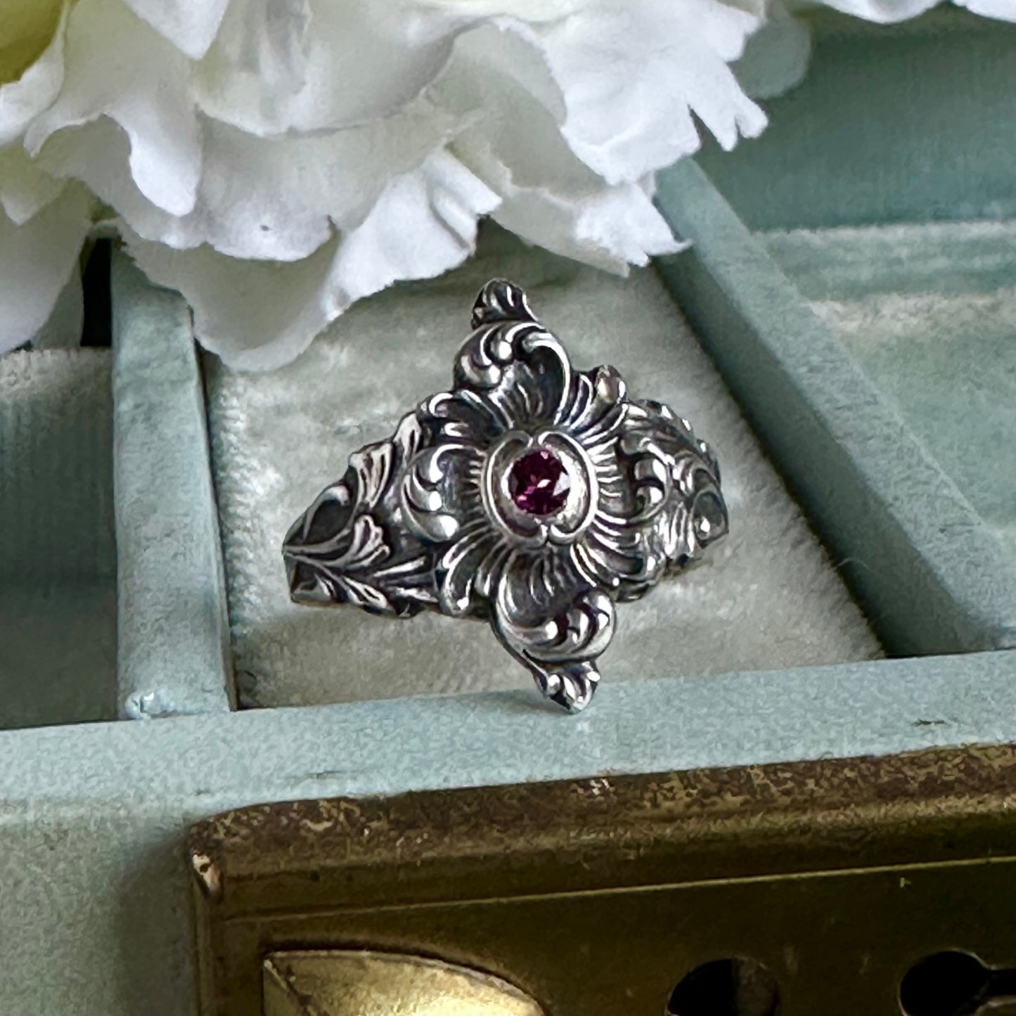 Gothic Fairytale Garnet cocktail ring handmade in Sterling Silver