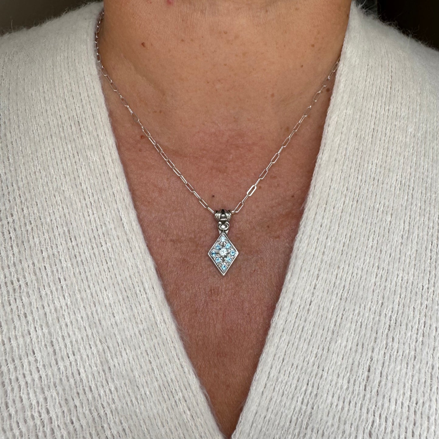 Art Deco Aquamarine and Zircon artisan necklace in Sterling Silver