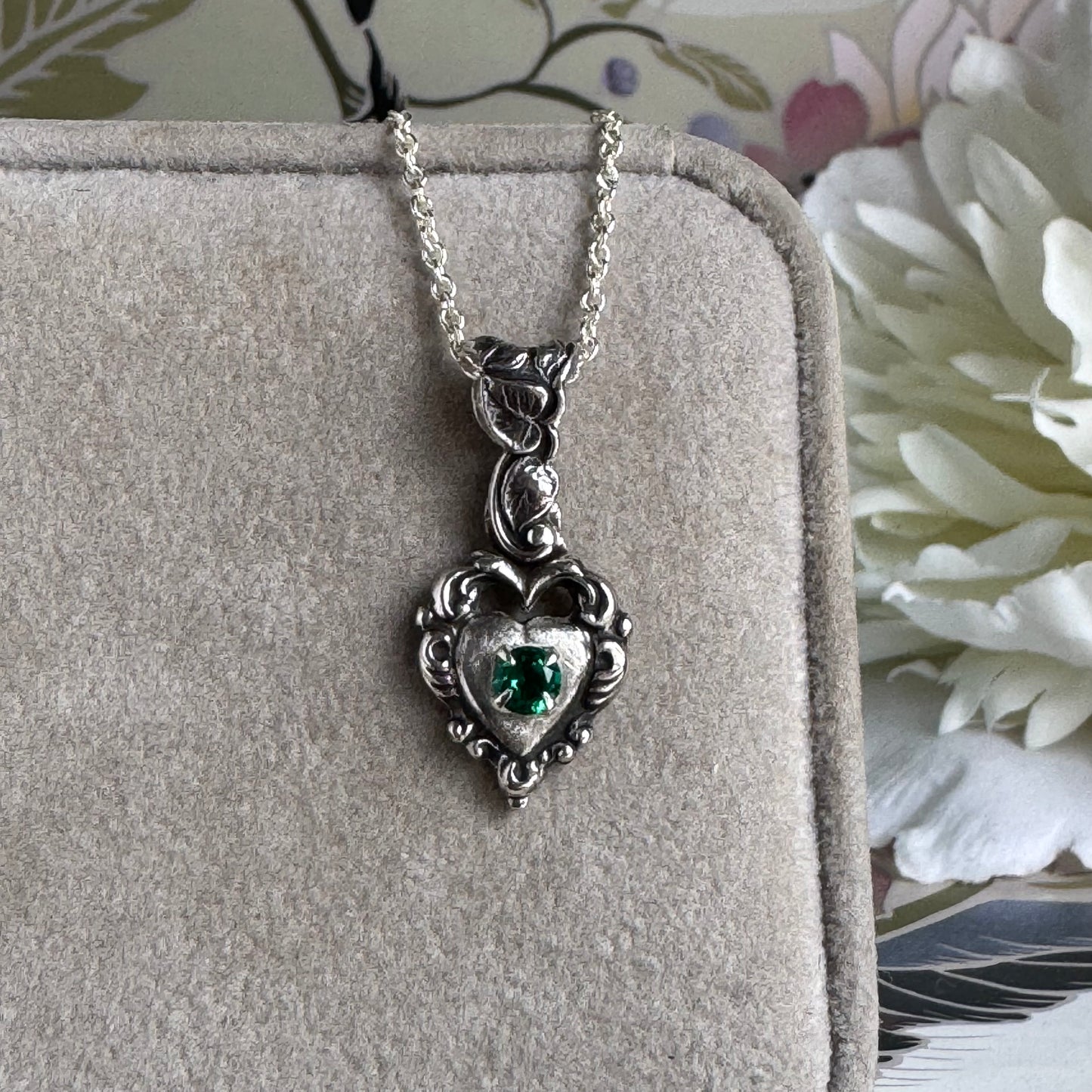 Victorian Gothic artisan heart emerald necklace in Sterling Silver
