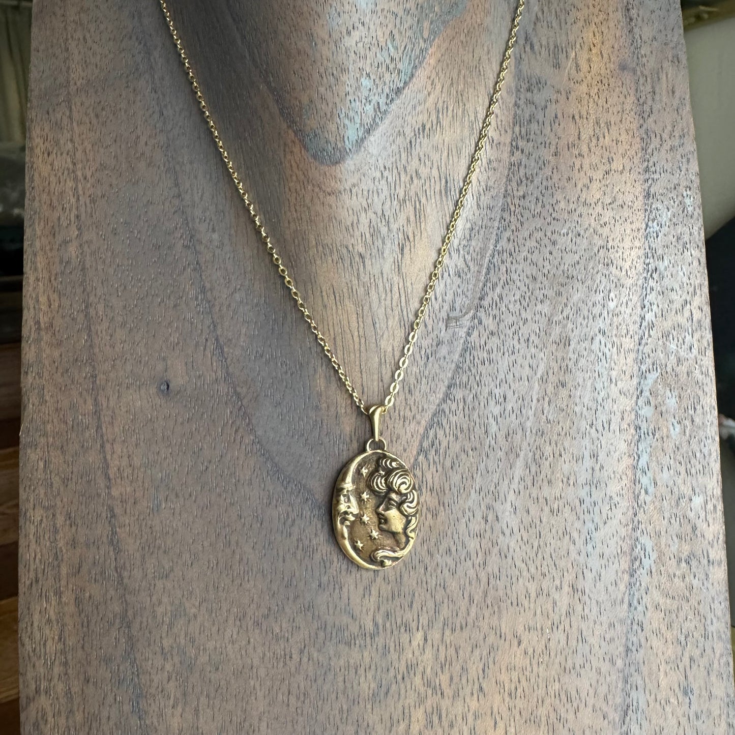 Victorian moon maiden artisan gold brass amulet necklace
