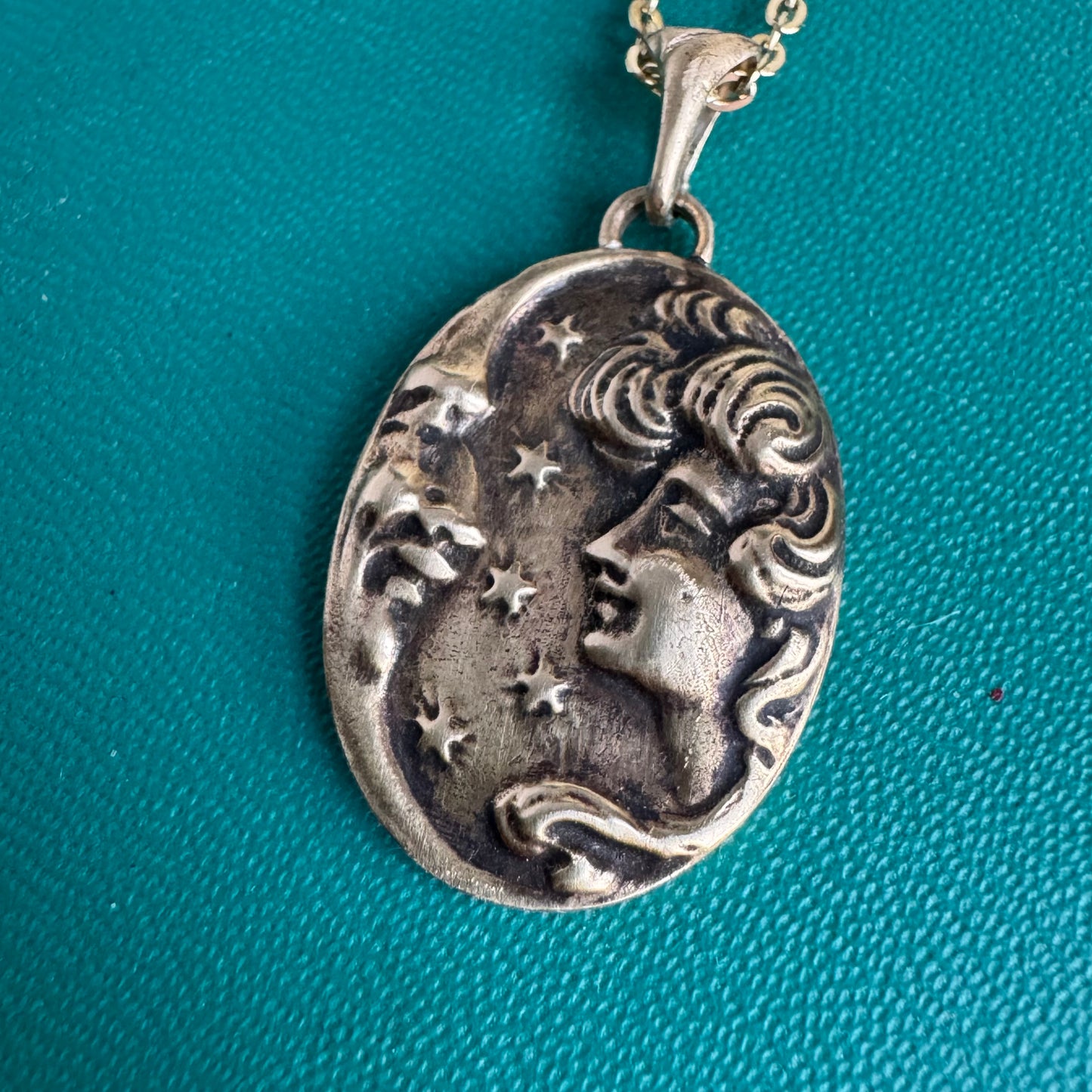 Victorian moon maiden artisan gold brass amulet necklace