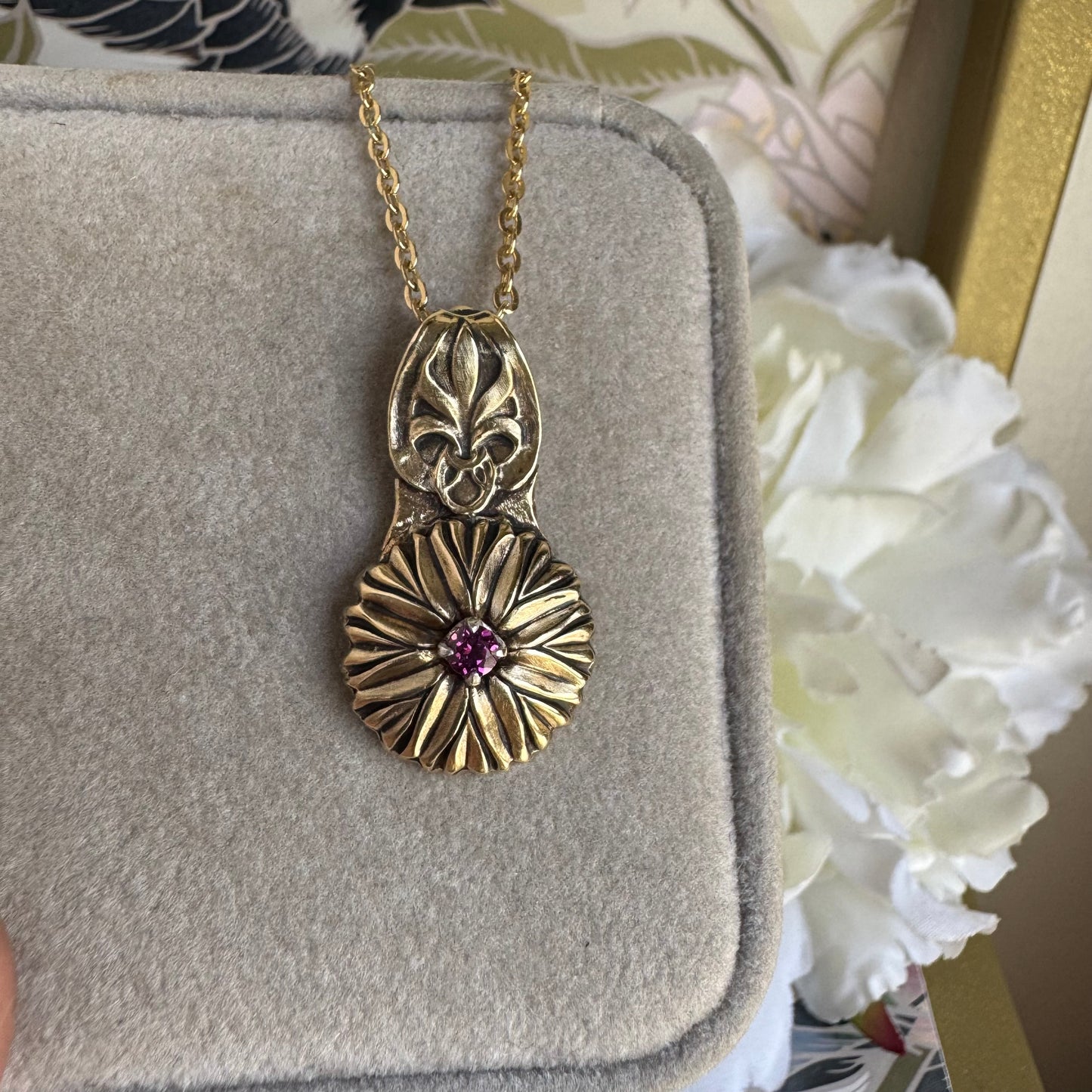 Heirloom Dahlia and Garnet artisan brass necklace