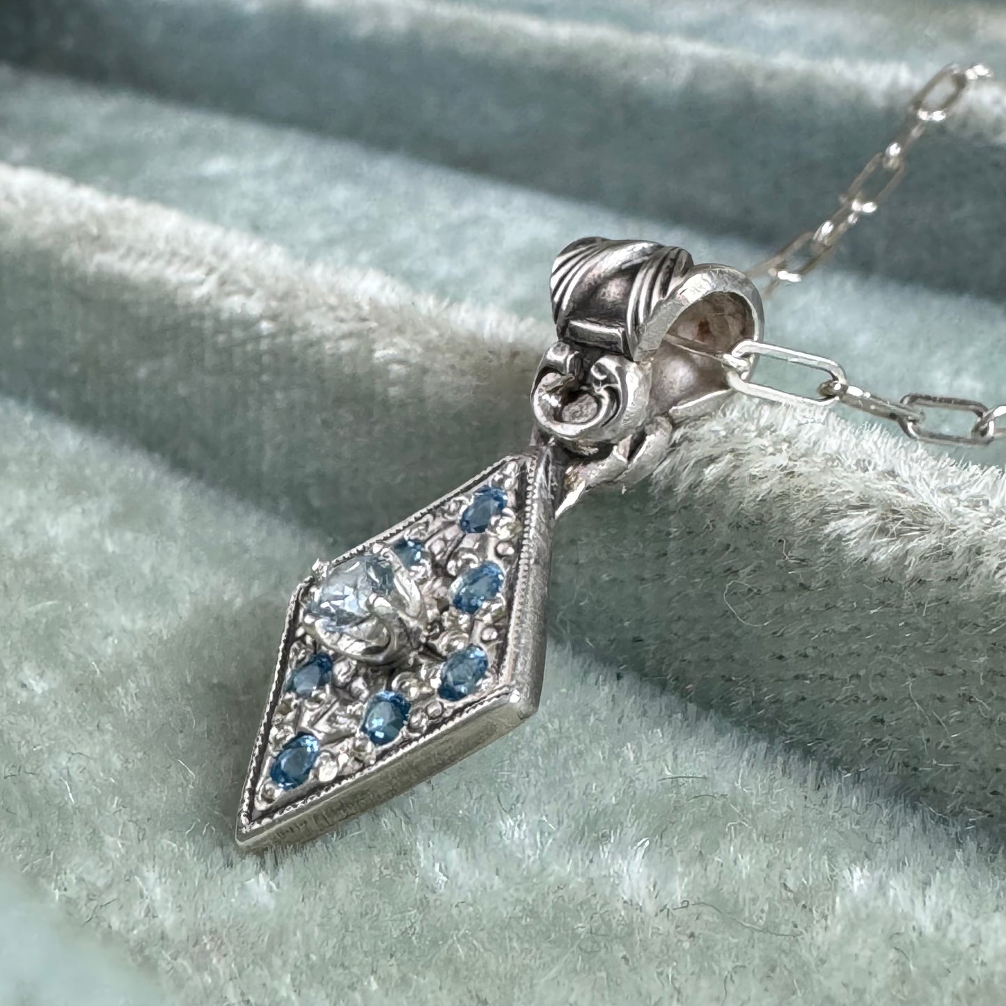 Art Deco Aquamarine and Zircon artisan necklace in Sterling Silver