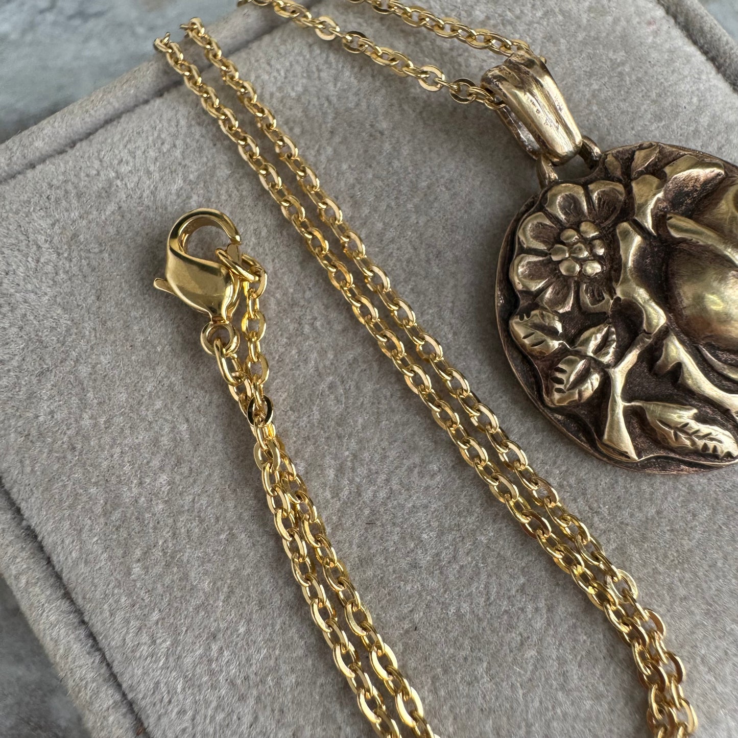 Vintage rose garden botanical bloom artisan gold brass necklace