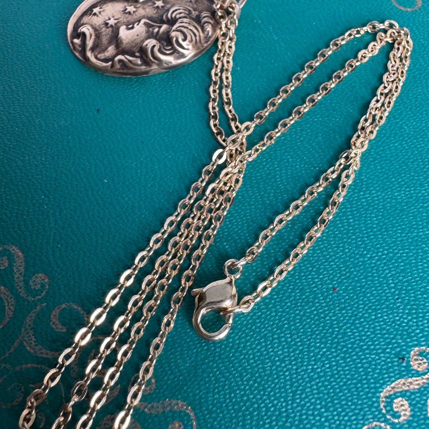 Victorian moon maiden artisan gold brass amulet necklace