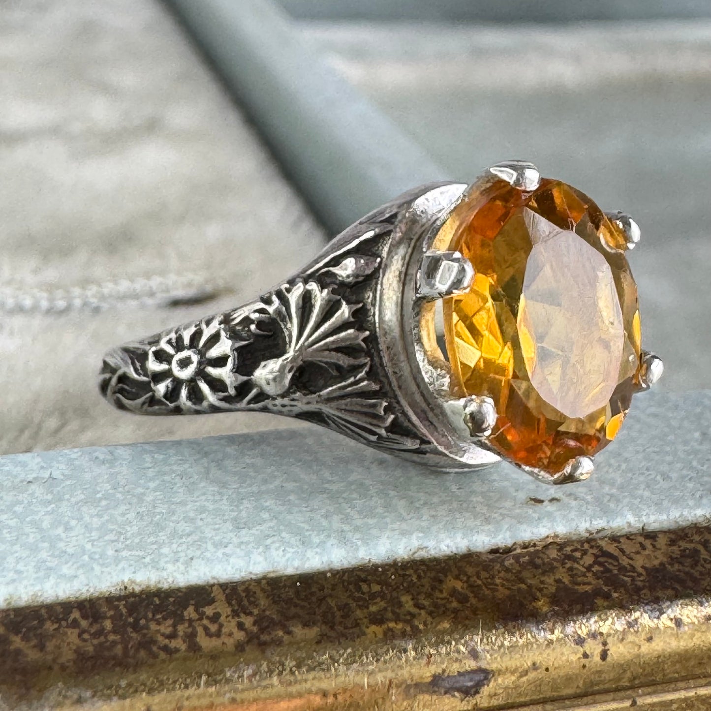 Victorian wildflower artisan 3ct Citrine cocktail ring SIZE 6