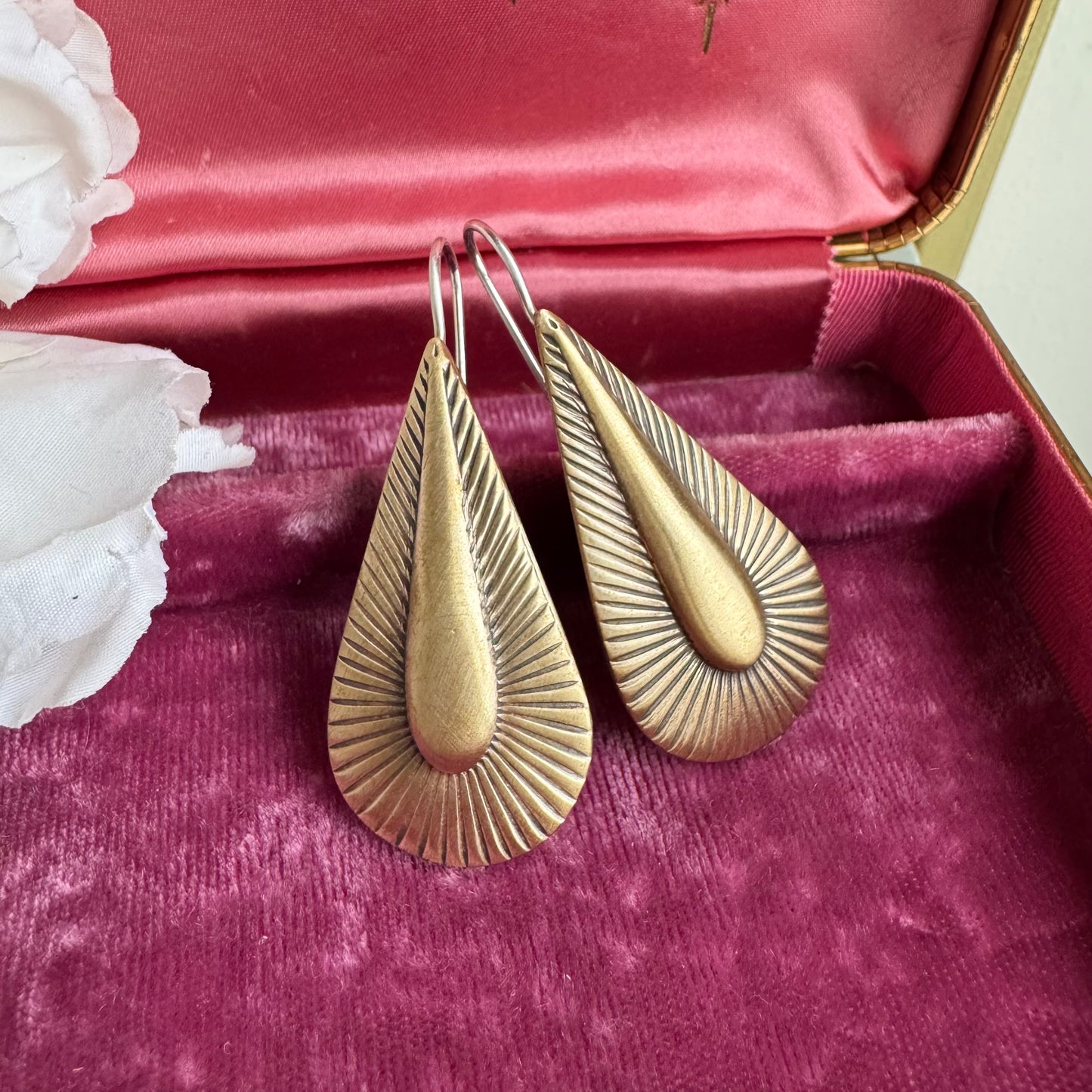 Art Deco radiant teardrop handmade mixed metal earrings in solid Brass and Sterling Silver
