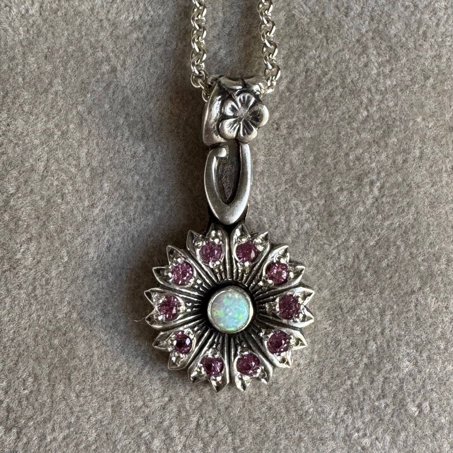 Botanical Opal and Sapphire artisan Victorian necklace in Sterling Silver