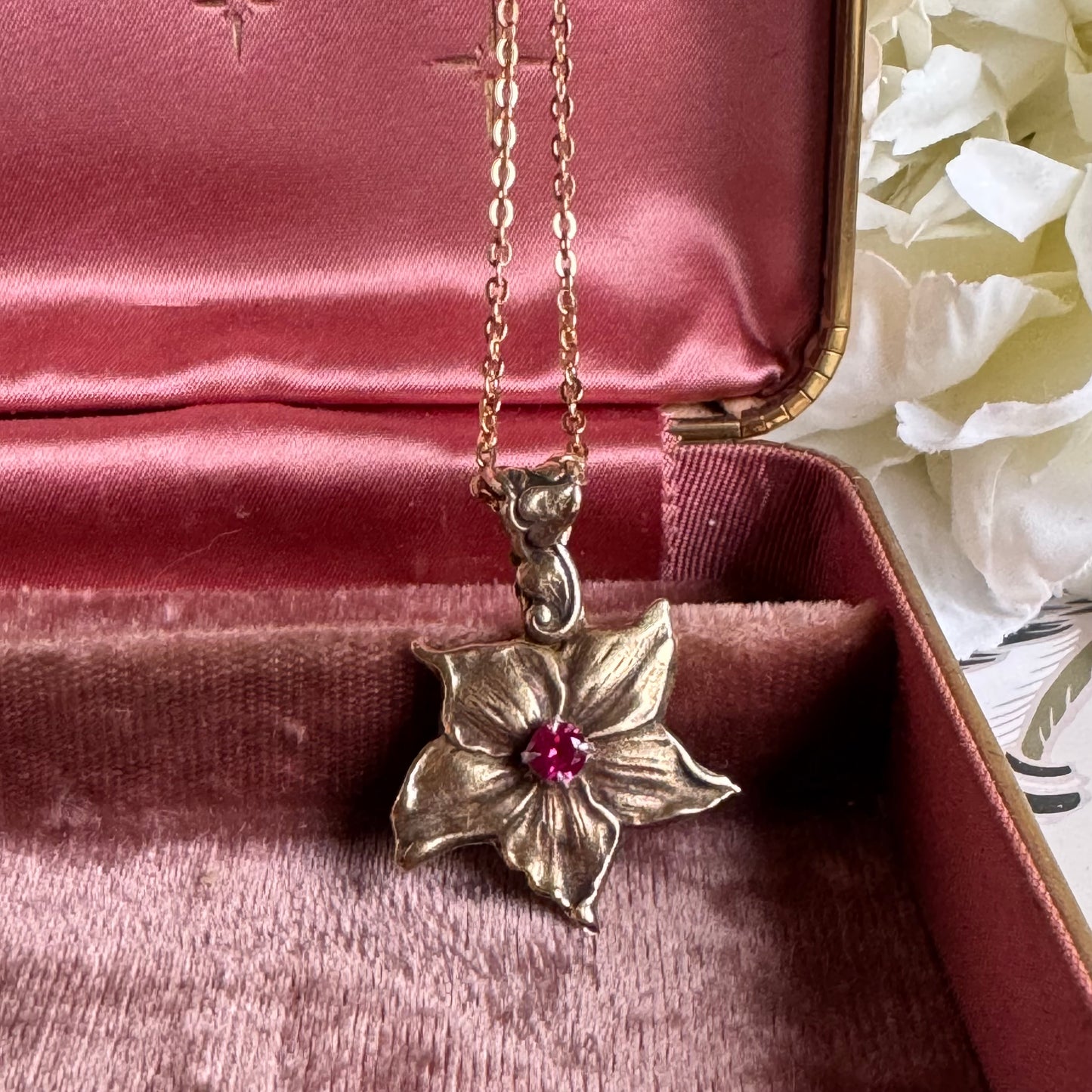 Art Nouveau Flower artisan Brass and Ruby gold necklace