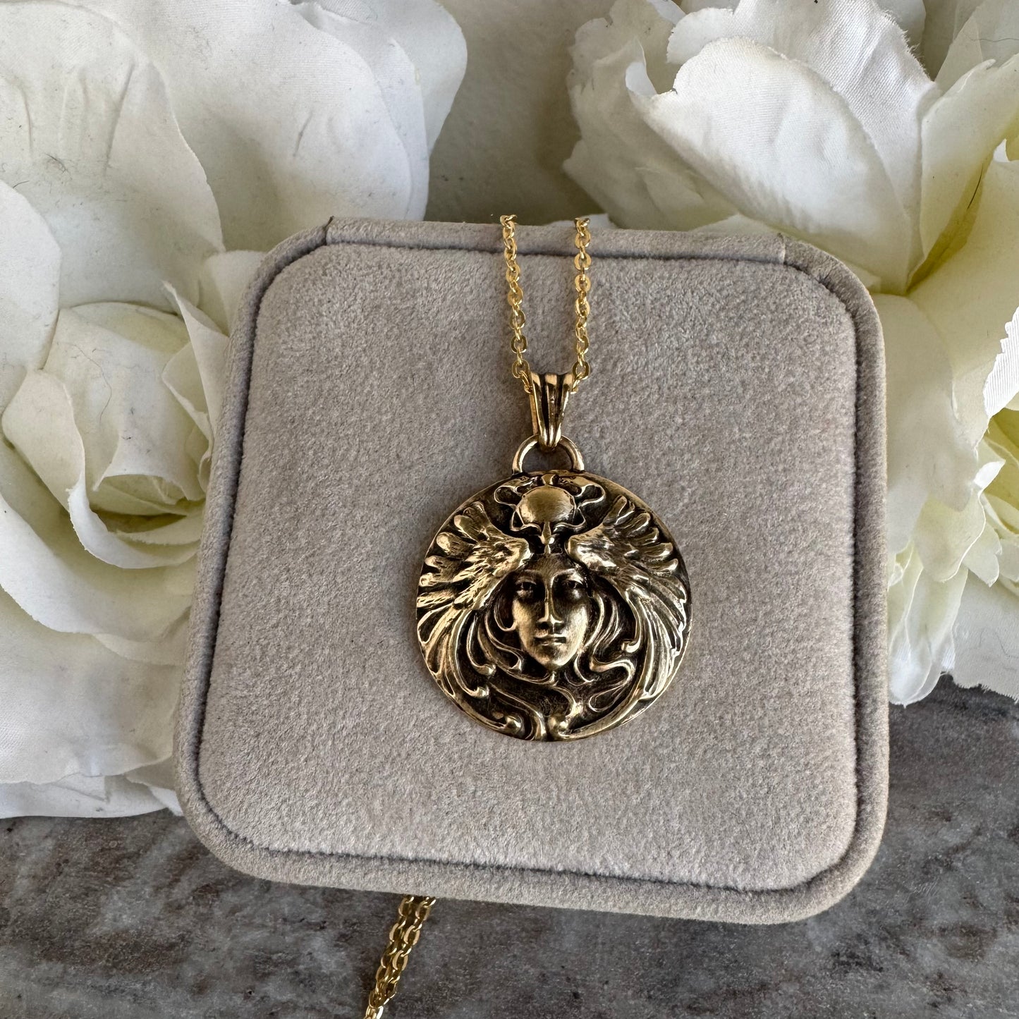 Art Nouveau Warrior Goddess handmade brass necklace