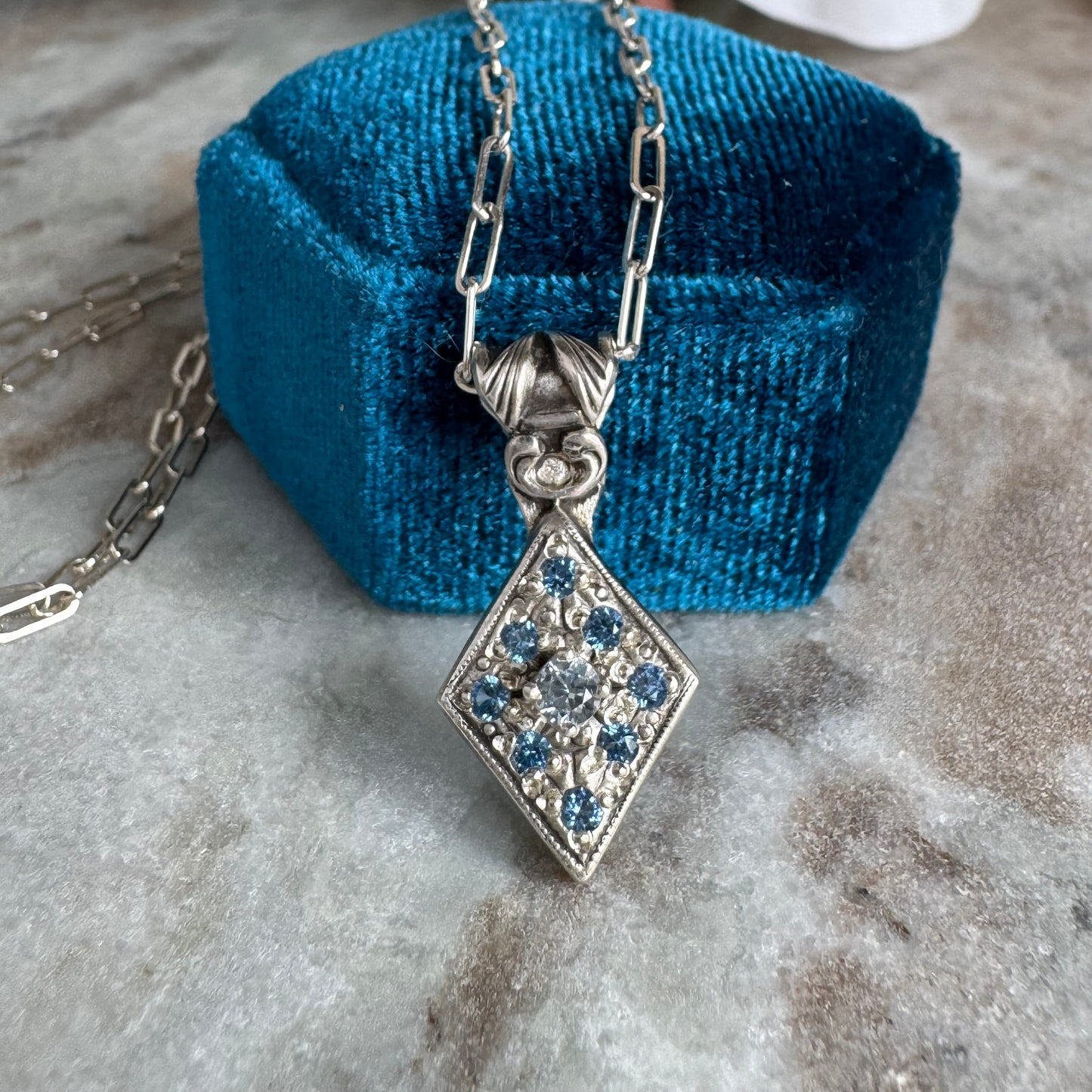 Art Deco Aquamarine and Zircon artisan necklace in Sterling Silver