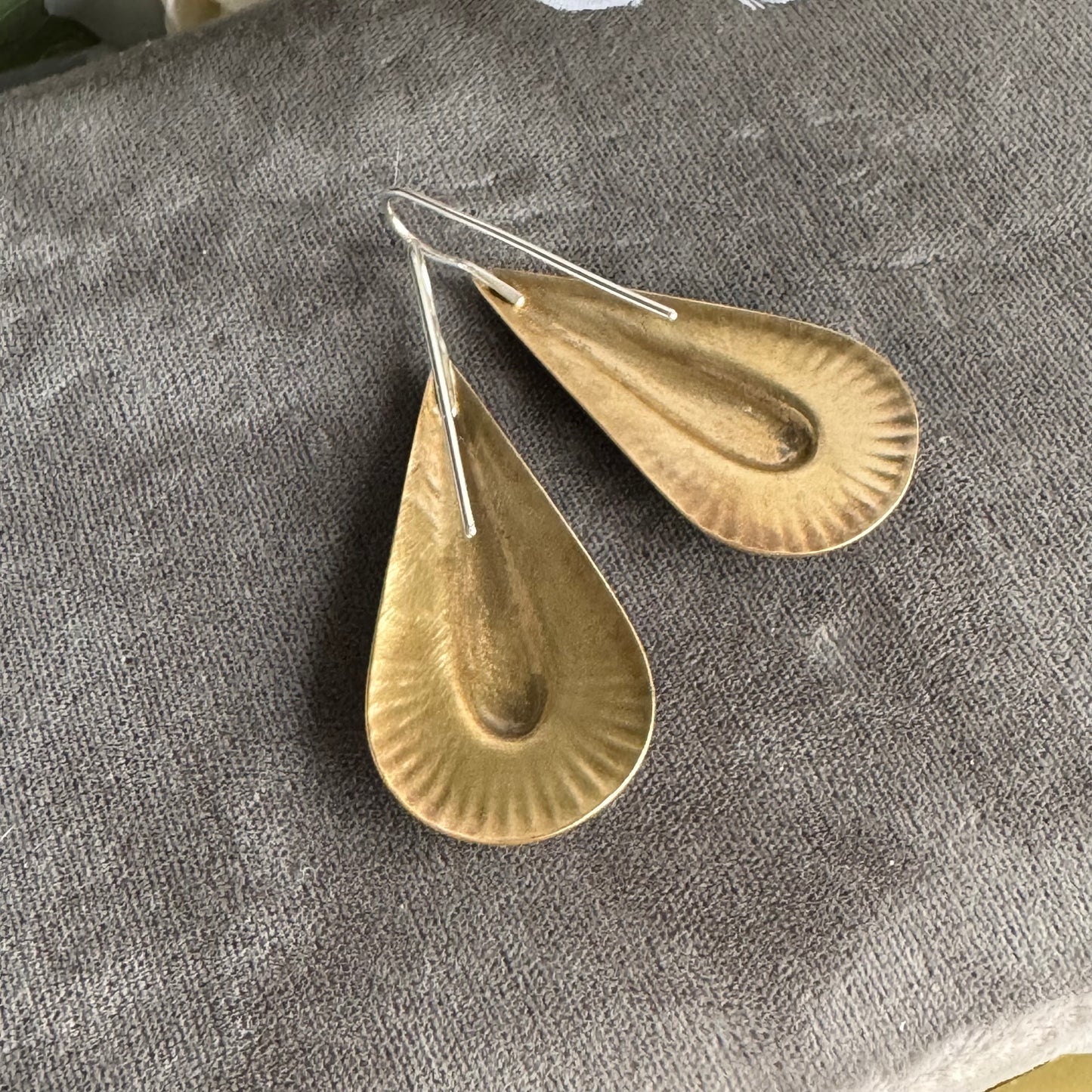 Art Deco radiant teardrop handmade mixed metal earrings in solid Brass and Sterling Silver