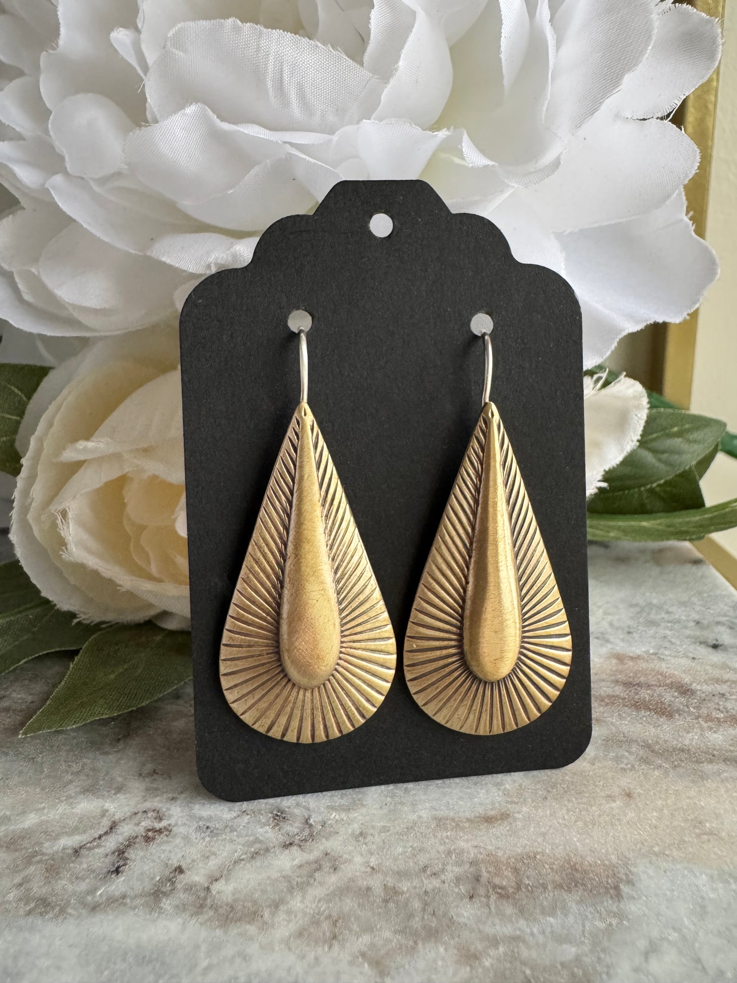 Art Deco radiant teardrop handmade mixed metal earrings in solid Brass and Sterling Silver