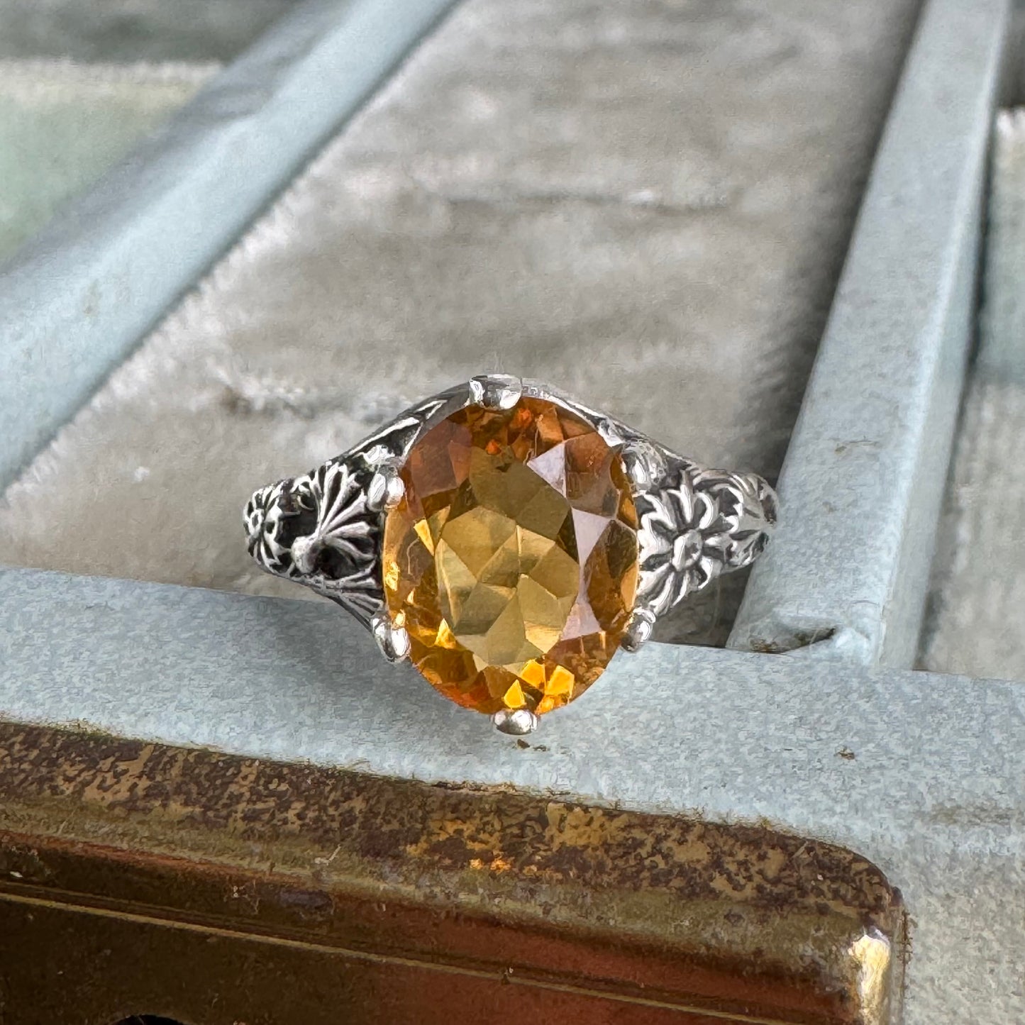 Victorian wildflower artisan 3ct Citrine cocktail ring SIZE 6