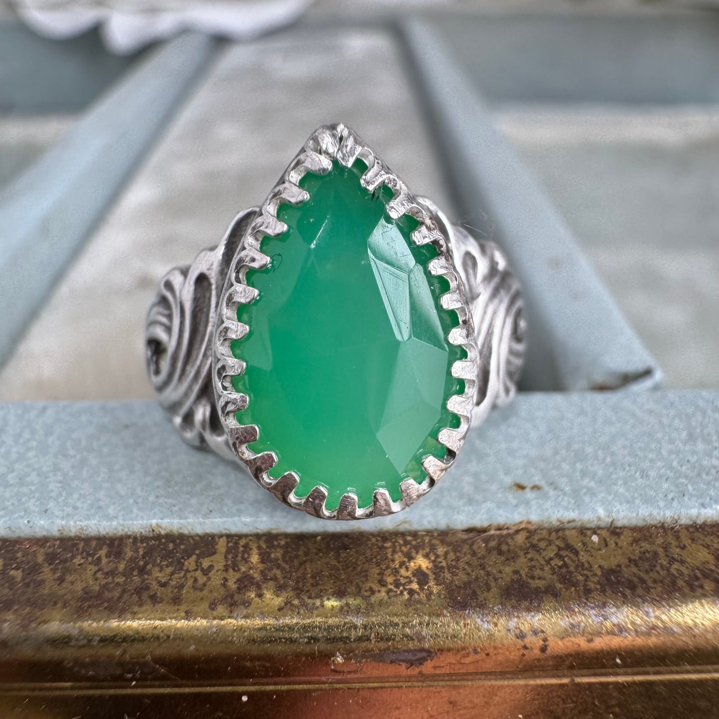 Art Nouveau ocean waves Chrysoprase handmade pear shaped cocktail ring in Sterling silver