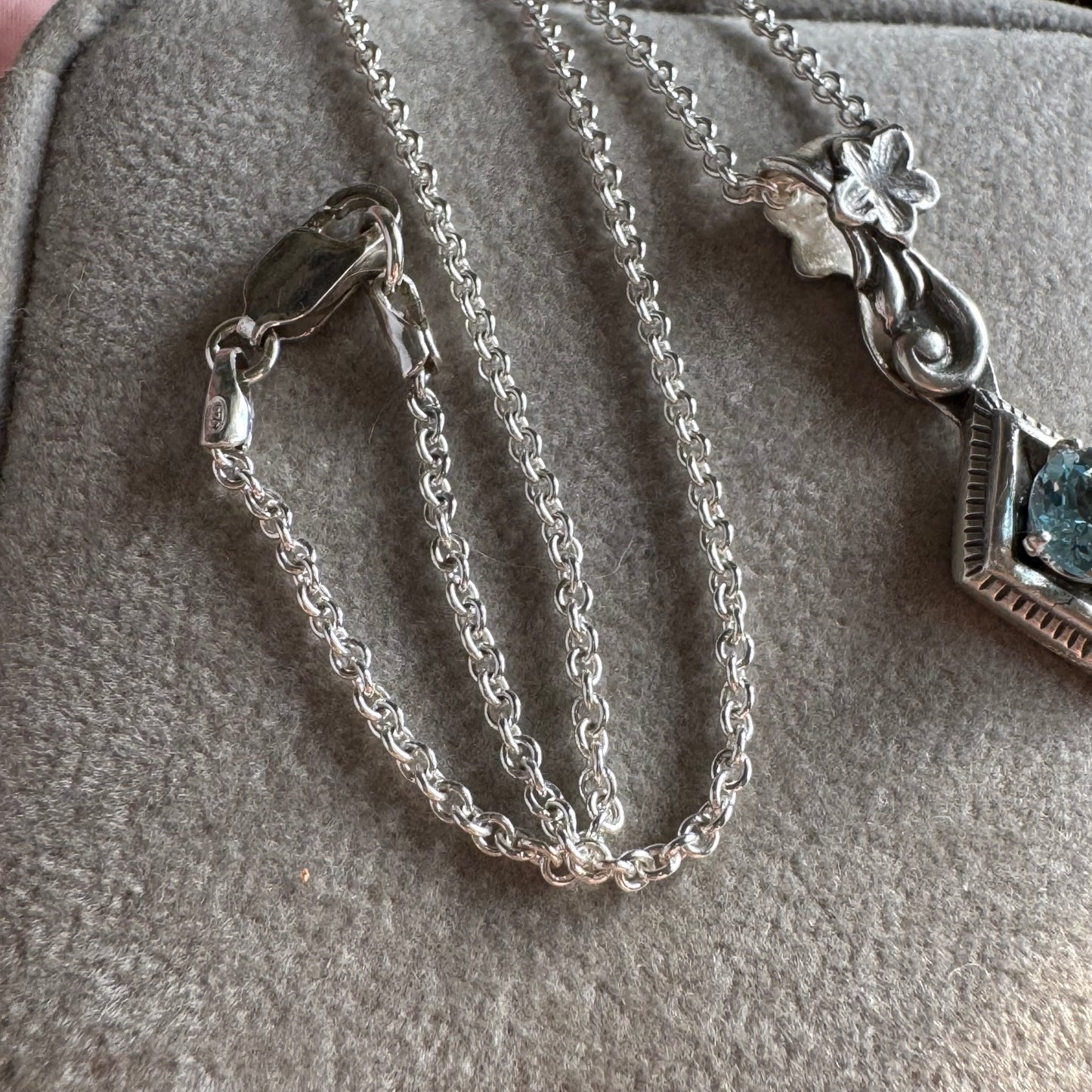 Art Nouveau botanical Blue Topaz artisan diamond shape necklace in Sterling Silver