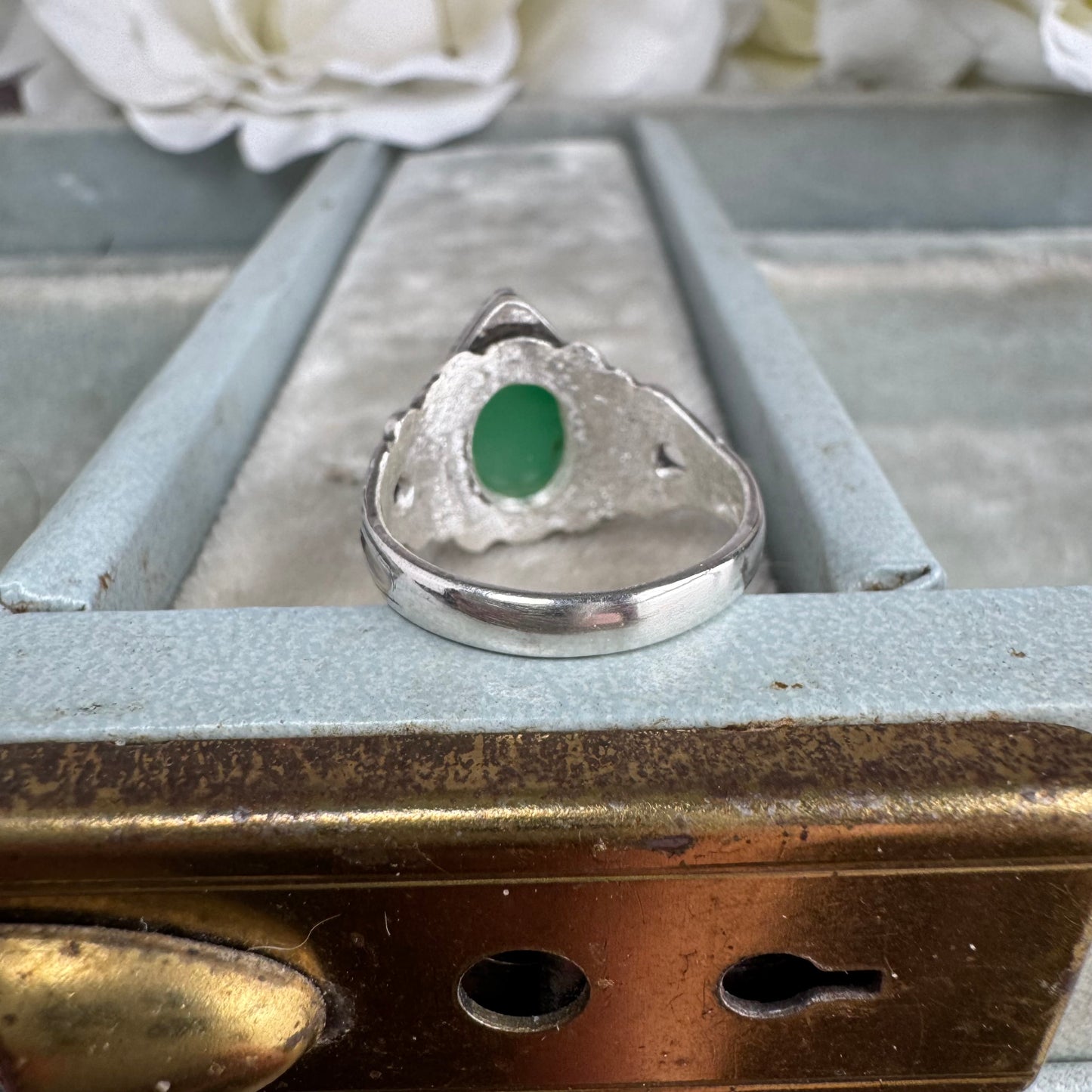 Art Nouveau ocean waves Chrysoprase handmade pear shaped cocktail ring in Sterling silver