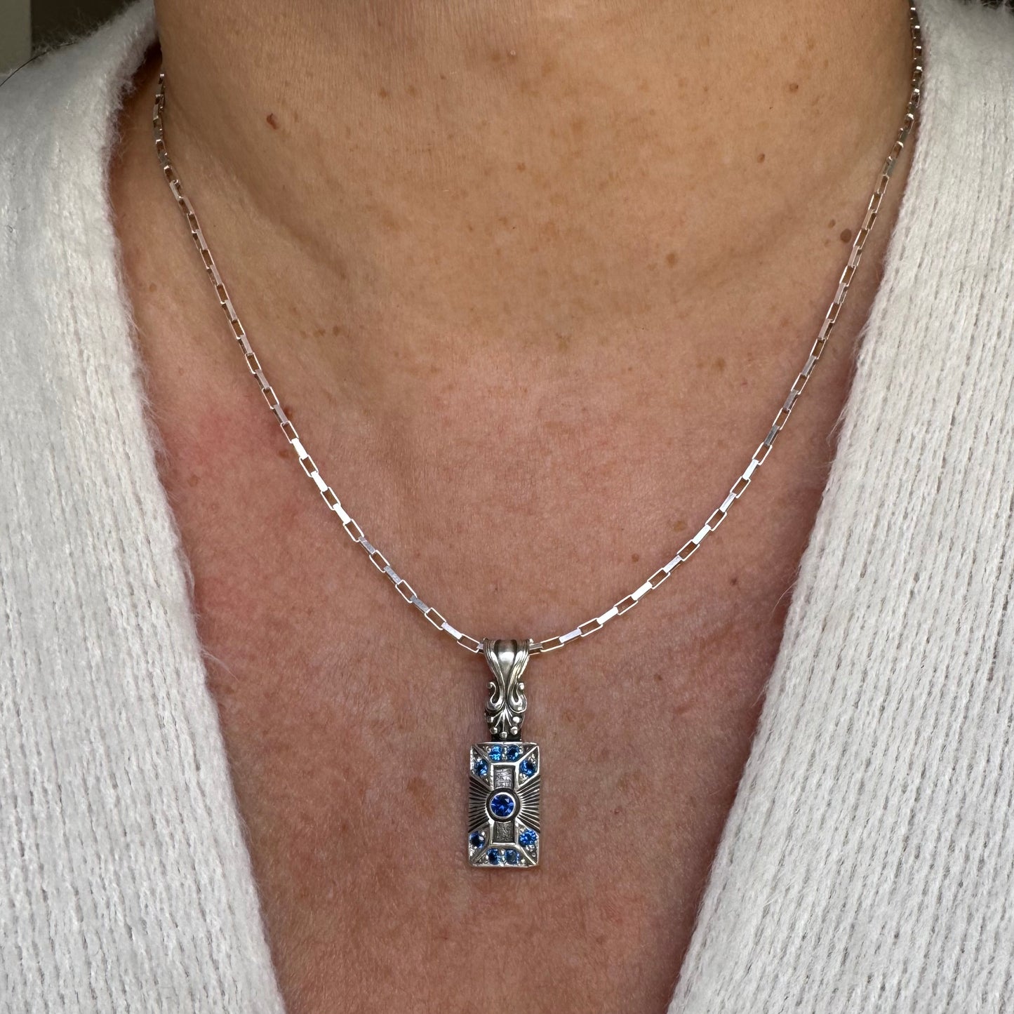 Art Deco blue Sapphire and Spinel handmade necklace in Sterling Silver